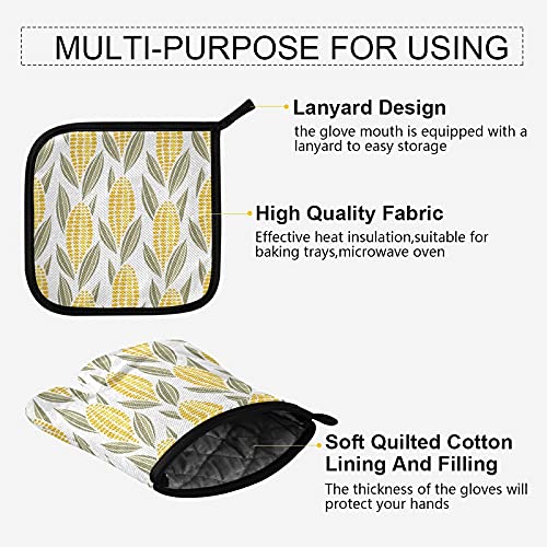 Heat Resistant Autumn Corn Cob Oven Mitts & Pot Holder Set - Fall Harvest Kitchen Decor for Baking, Grilling, BBQ - Eco-Friendly Recycled Cotton Stove Gloves for Thanksgiving & Holiday Cooking