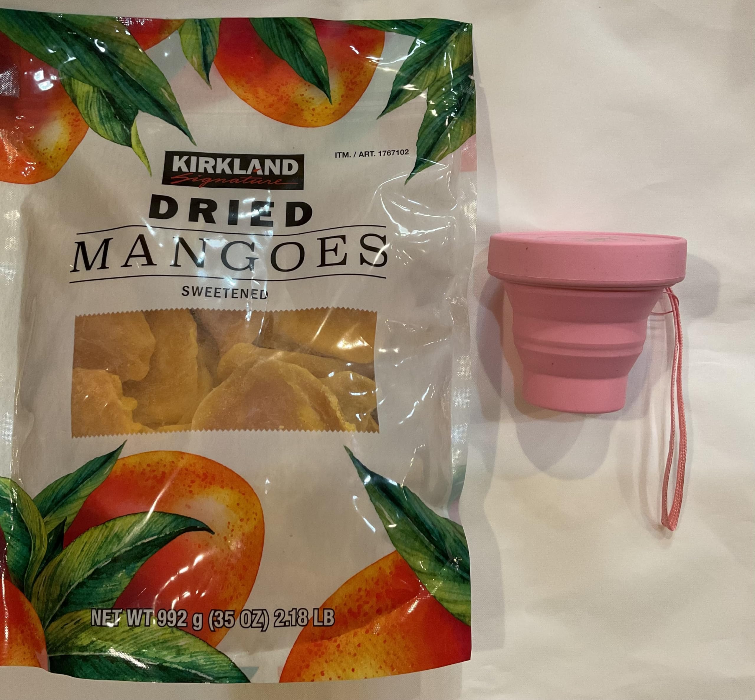 Kirkland Signature Sweetened Dried Mangoes 2.18 lb & Foldable Travel Cup Bundle - Healthy Snacks for Hiking, Camping, Office & On-the-Go Lifestyle
