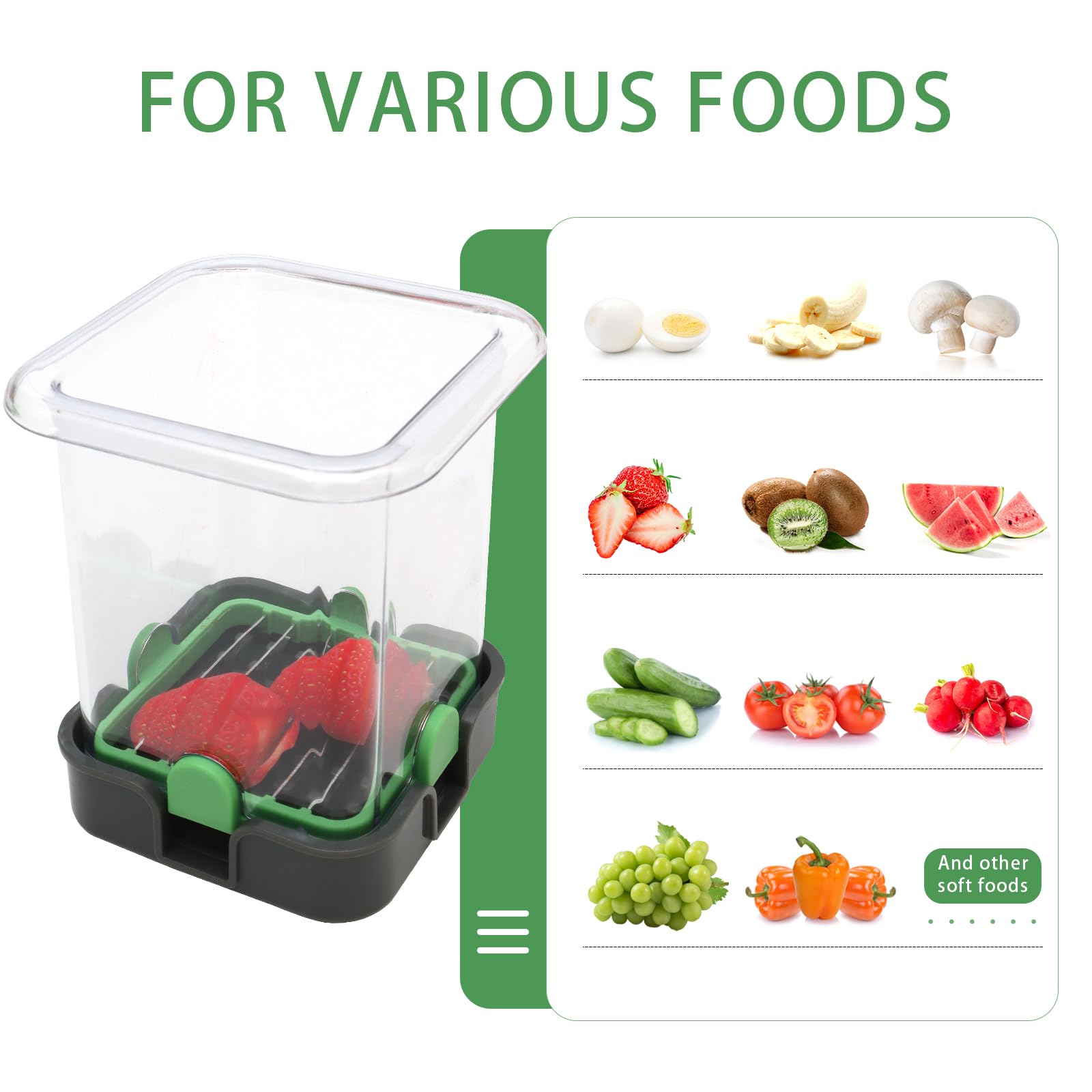 Strawberry Slicer & Fruit Cutter with Container - 2 Stainless Steel Blades, Detachable Push Plate - Soft Food Chopper for Berries, Kiwi, Peaches - Perfect for Smoothies, Baking & Fruit Salads