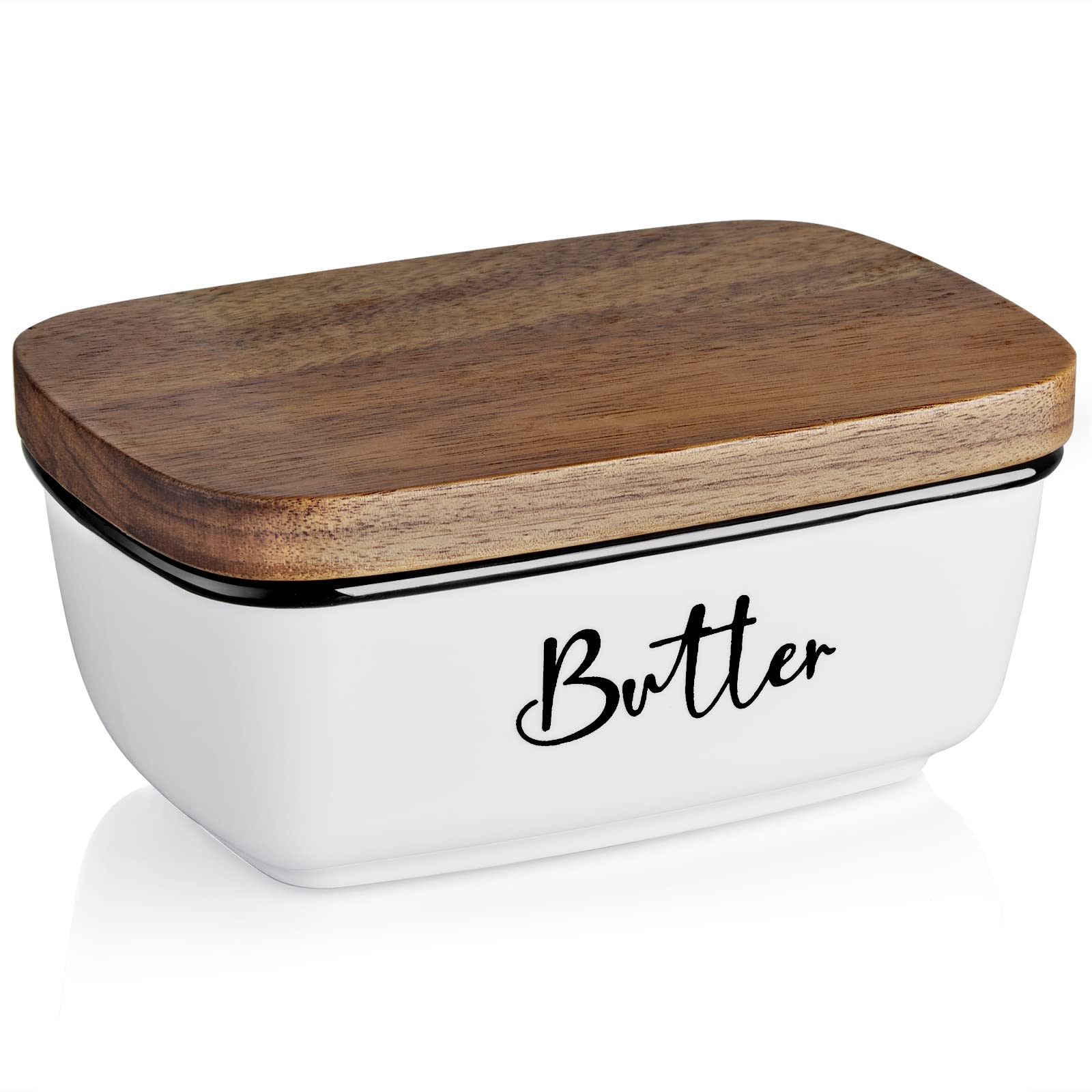 ALELION Large Ceramic Butter Dish with Acacia Wood Lid - Airtight Butter Keeper for Countertop Storage | Elegant White Kitchen Decor | Perfect Housewarming & Wedding Gift for Baking Enthusiasts (Ideal for Restaurants, Breakfast Tables & Holiday Gatherings)