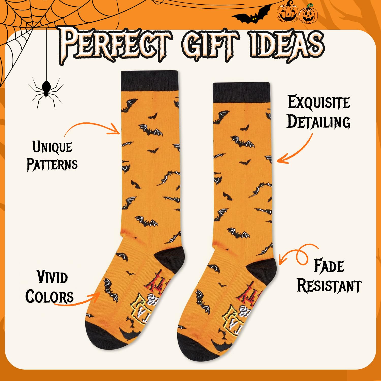 HappyPop Halloween Knee High Socks for Girls & Teens - Orange Bat Print Novelty Socks - Perfect for Costumes, Trick or Treating & Halloween Parties