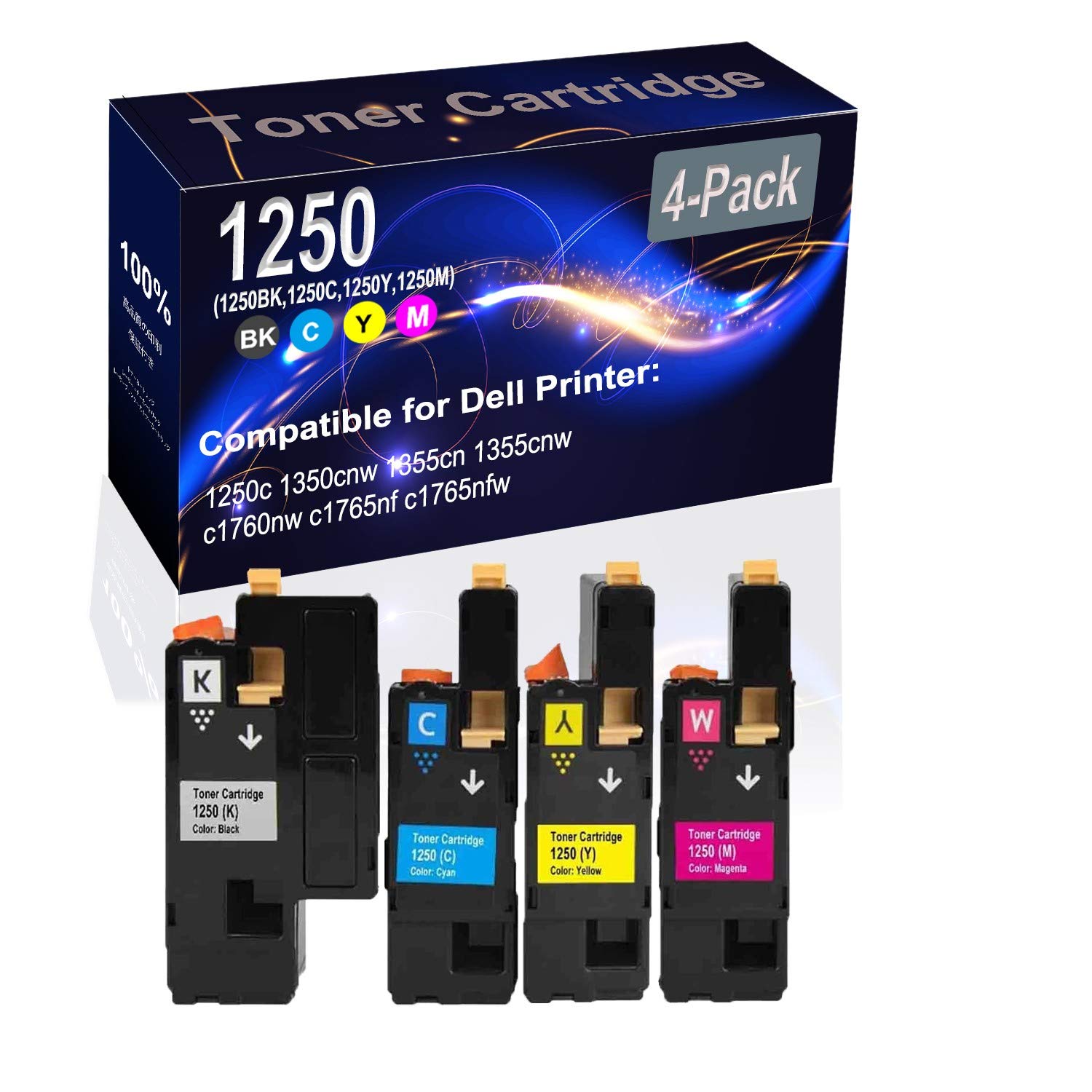 4-Pack Dell 1250c Toner Cartridges (BK+C+Y+M) - High Yield for Home/Office Printing