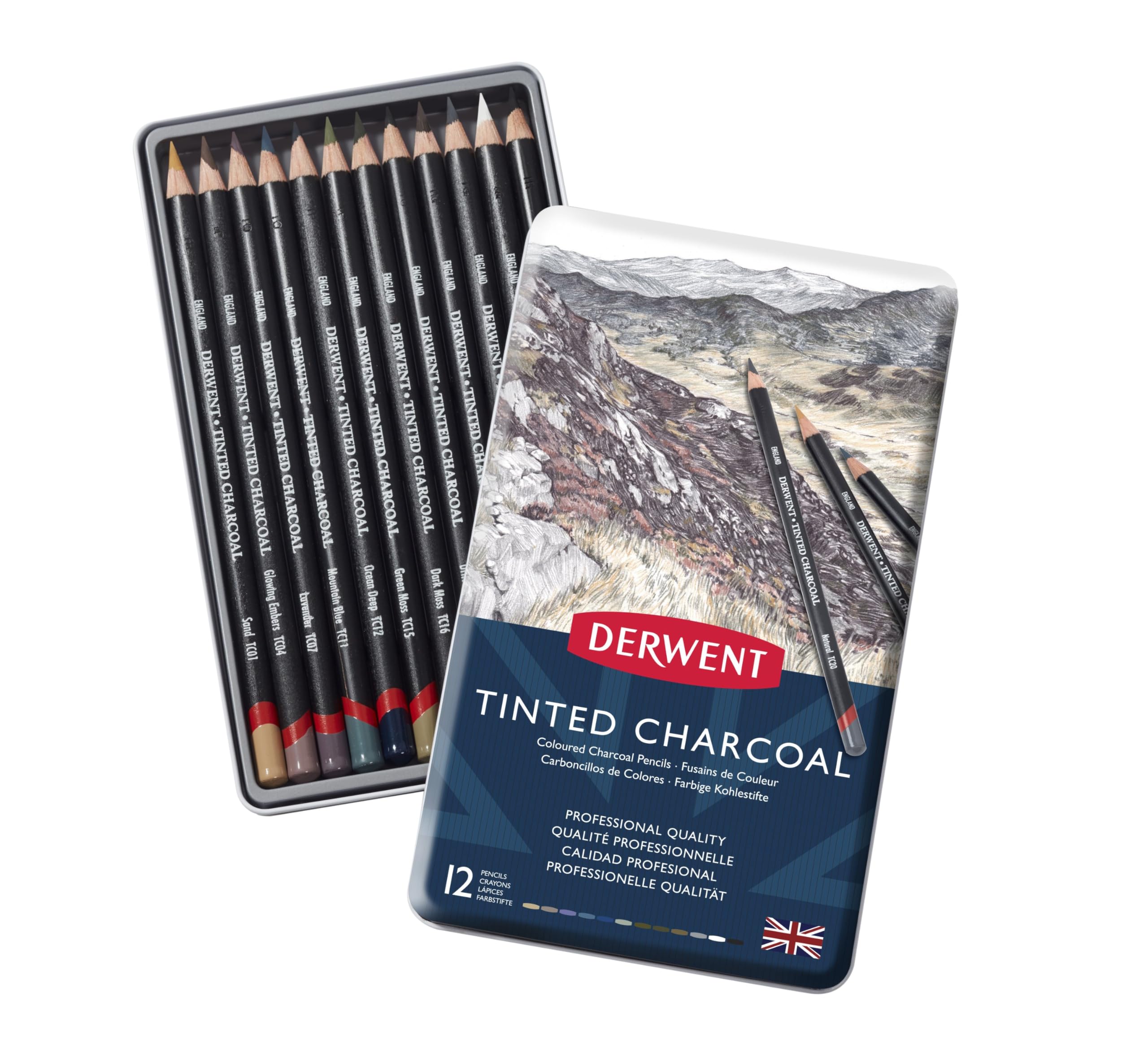 Derwent Tinted Charcoal Pencils Set - 12 Premium 4mm Core Drawing Pencils in Metal Tin (2301690) for Sketching, Shading & Artistic Creations