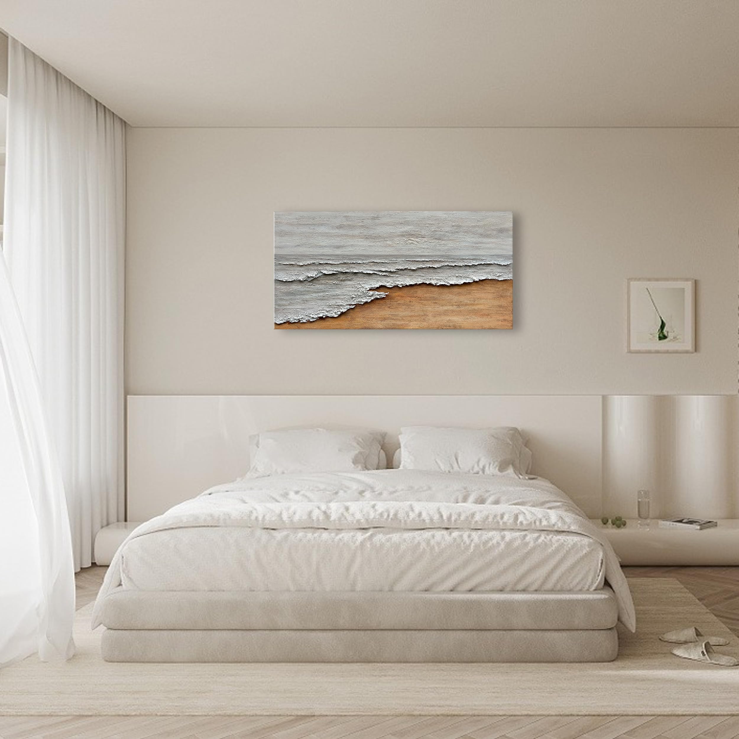 Hand-Painted Yellow and White Ocean Beach Abstract Oil Painting - Modern Canvas Wall Art for Living Room Decor - 24x48 Inches - Perfect for Coastal, Beach House or Contemporary Home Decor