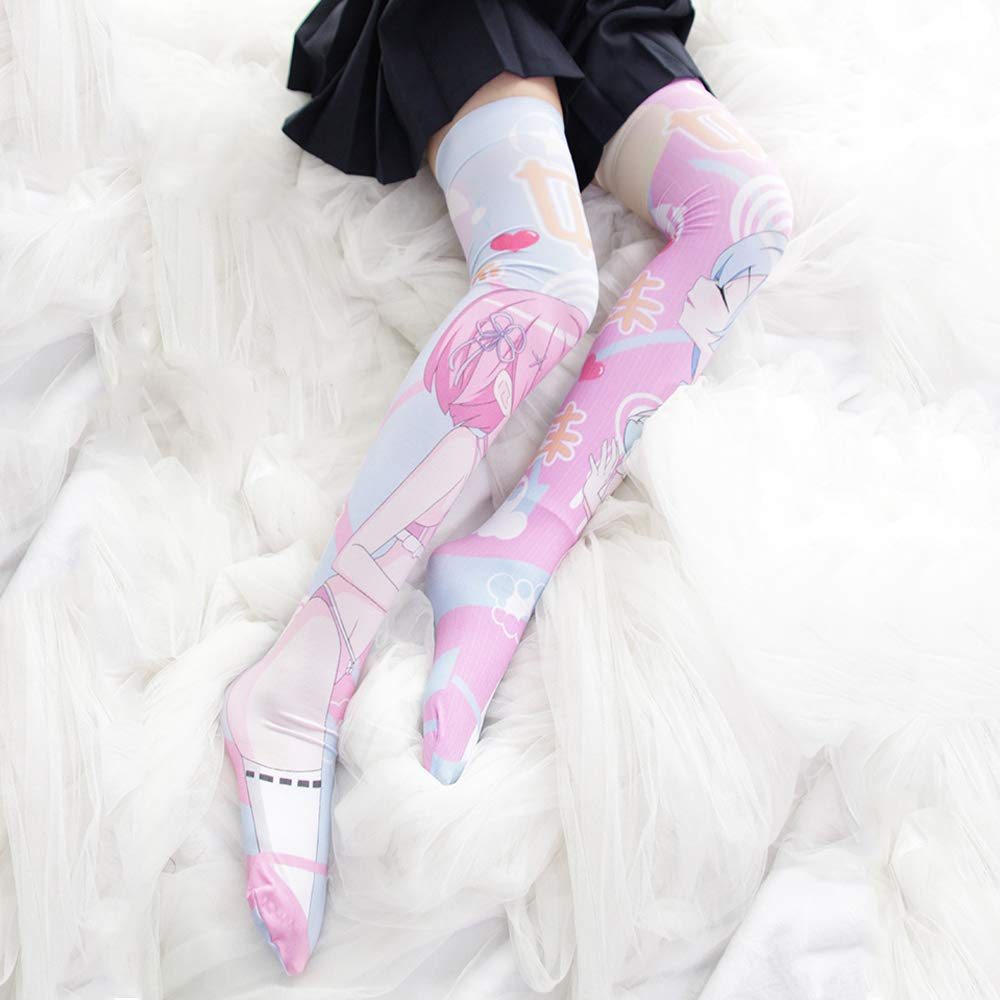 YOMORIO Anime Cosplay Stockings - Rem and Ram Cute Knee High Socks for Costume, Halloween, Conventions & Kawaii Fashion Outfits