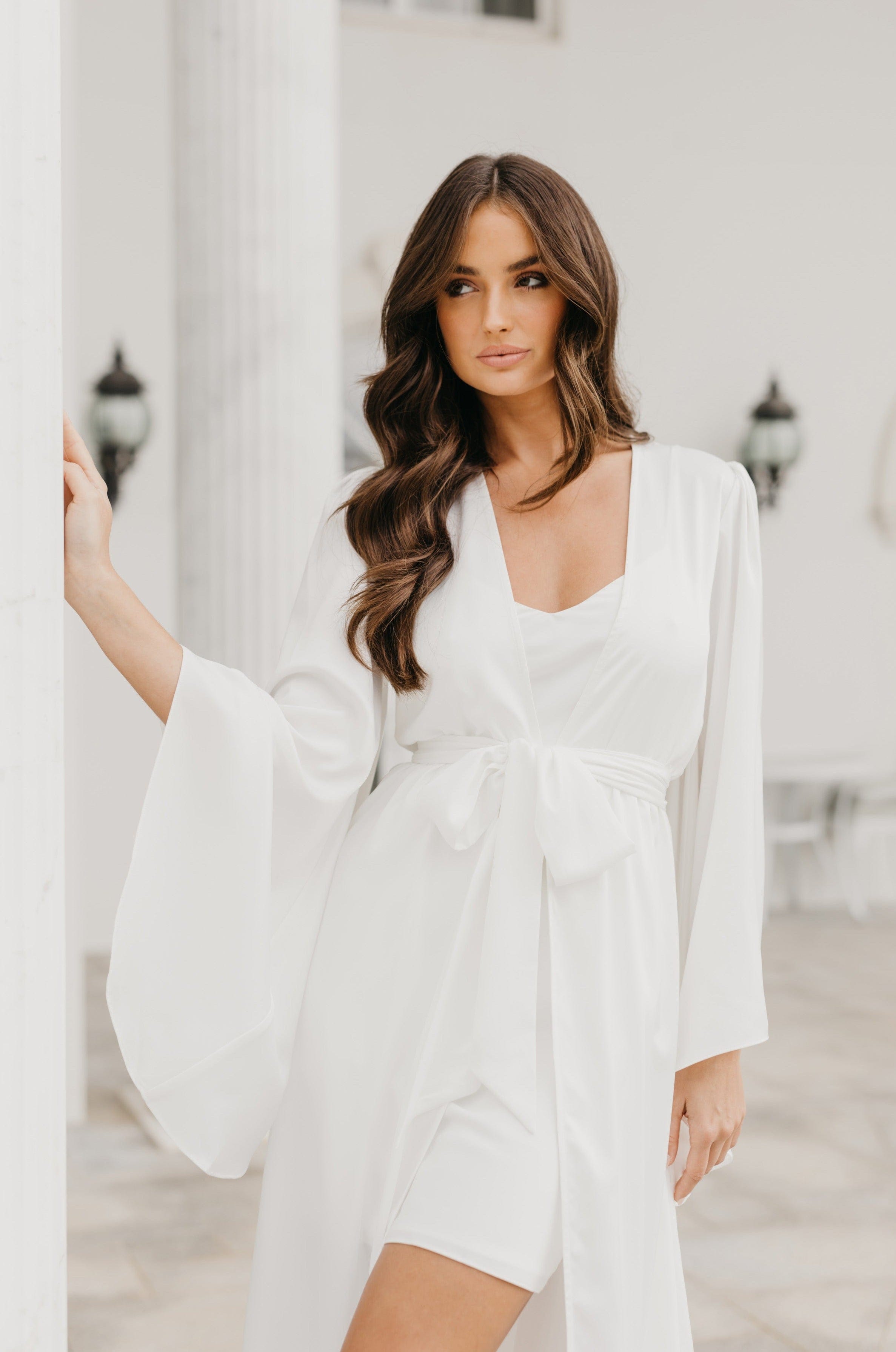 Ella Satin Flutter Sleeve Maxi Bridal Robe with Slip - Elegant Wedding Gown for Bridal Party, Bridesmaids & Photoshoots - Perfect for Getting Ready, Ceremony & Honeymoon