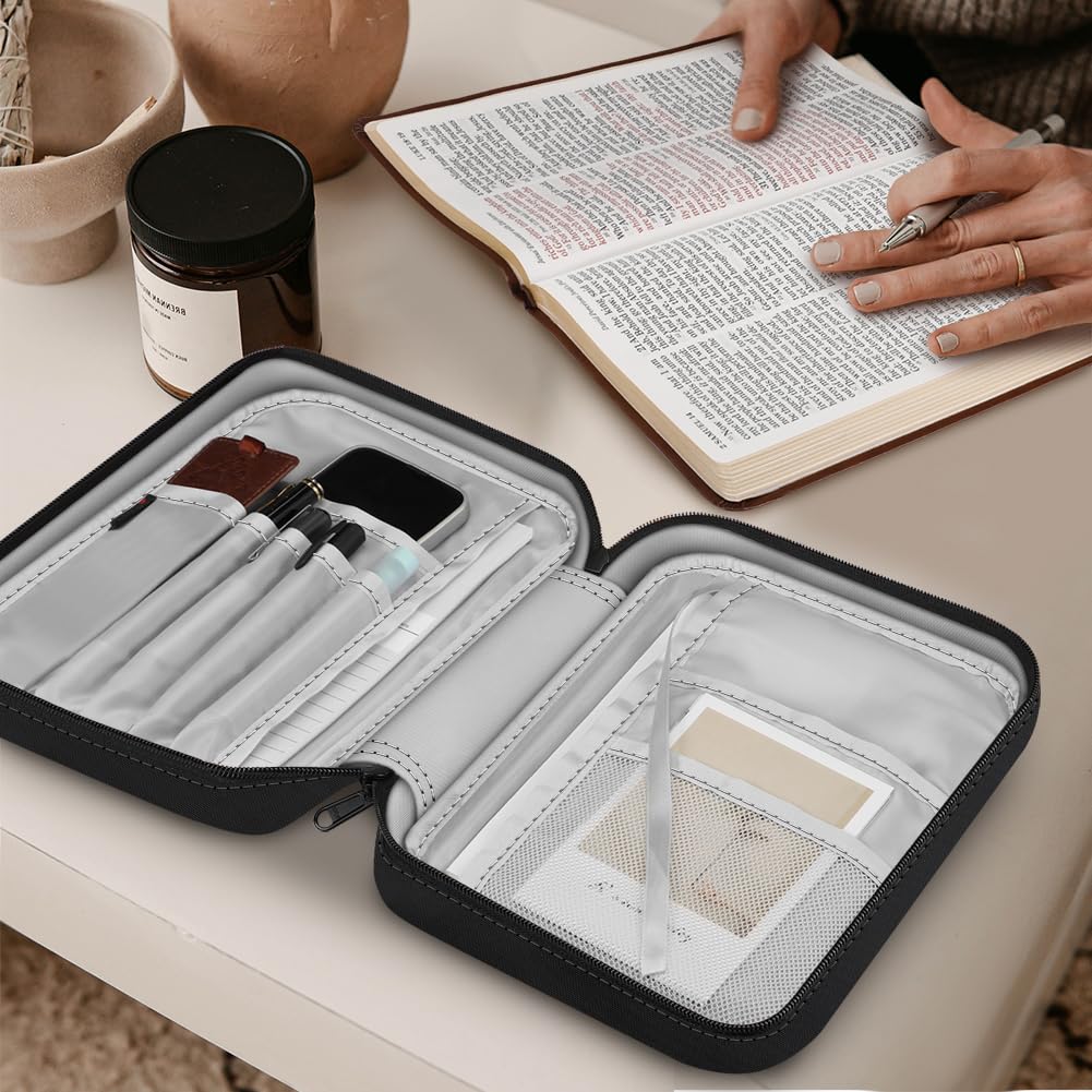 FINPAC Small Bible Cover with Handle & Zipper Pocket - Compact Protective Case for Church, Study & Travel - Durable Book Carrying Bag for Men, Women & Gifts (Black) - Perfect for Daily Devotion, Bible Study Groups & Church Services