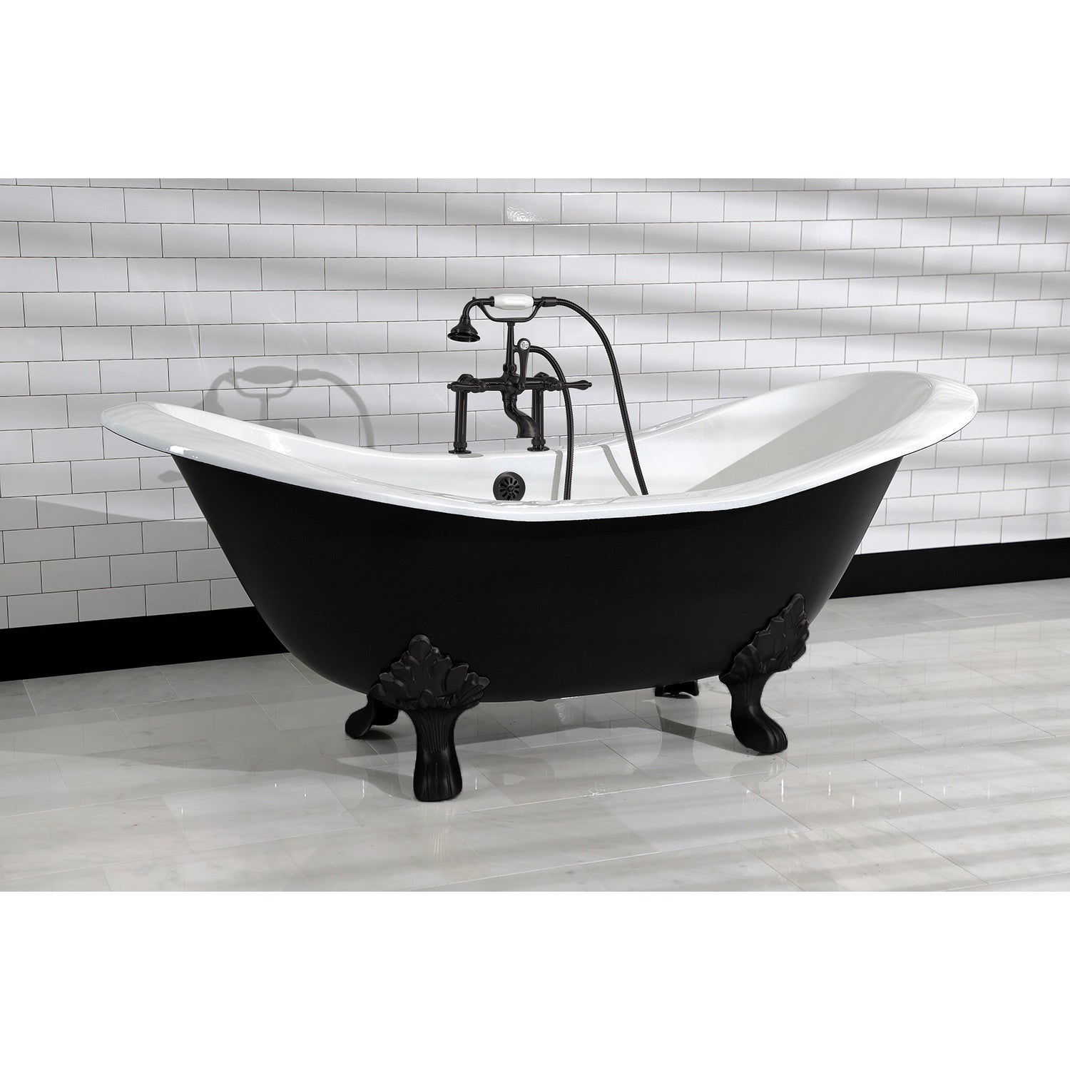 Aqua Eden 72 Inch White Matte Black Cast Iron Oval Double Slipper Clawfoot Bathtub with 7 Inch Faucet Drillings - Vintage Freestanding Soaking Tub for Luxury Bathroom & Spa Retreat