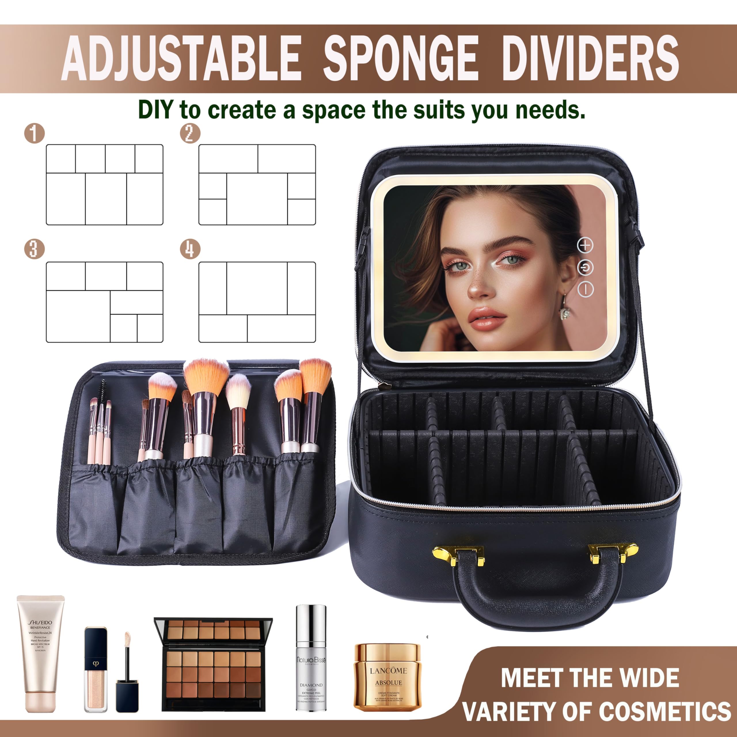 LED Makeup Bag with Mirror & Adjustable Brightness - Portable Waterproof Cosmetic Organizer with Handle & Custom Monogram - Perfect for Travel, Home Storage & Gift for Women
