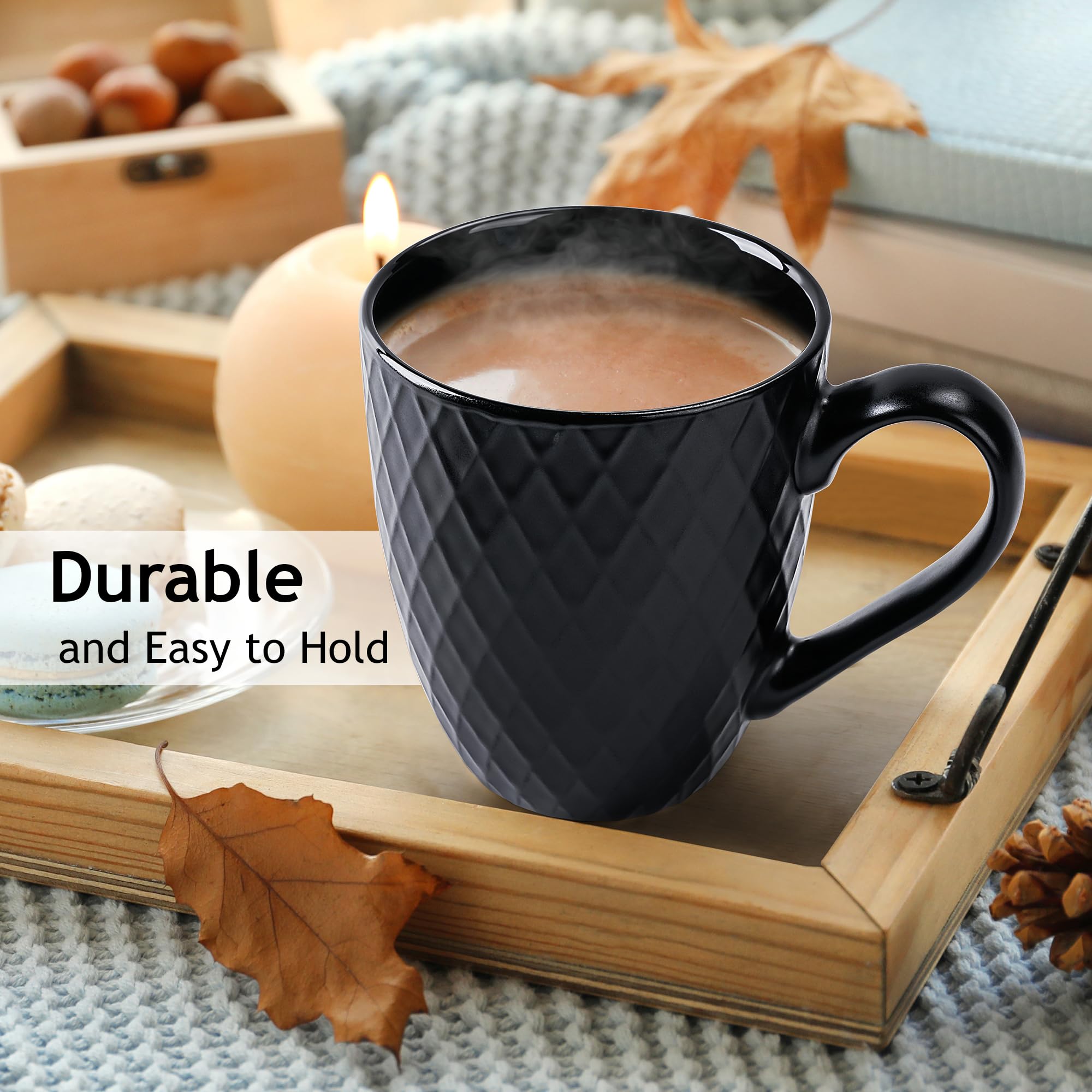 MIAMIO - 6-Pack 14 Oz Ceramic Coffee Mugs Set, Large Coffee Cups - Microwave & Dishwasher Safe - Palmanova Collection (Black) - Perfect for Home, Office & Gifts