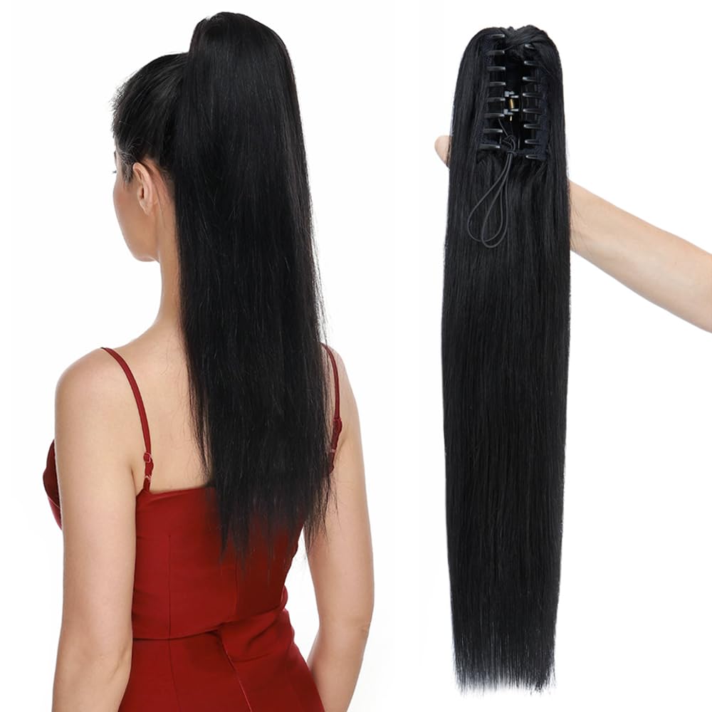 MY-LADY Human Hair Ponytail Extension - 18 Inch Straight Clip-in Ponytail Hairpiece for Women (Jet Black, 115g) - Perfect for Parties, Weddings & Everyday Styling