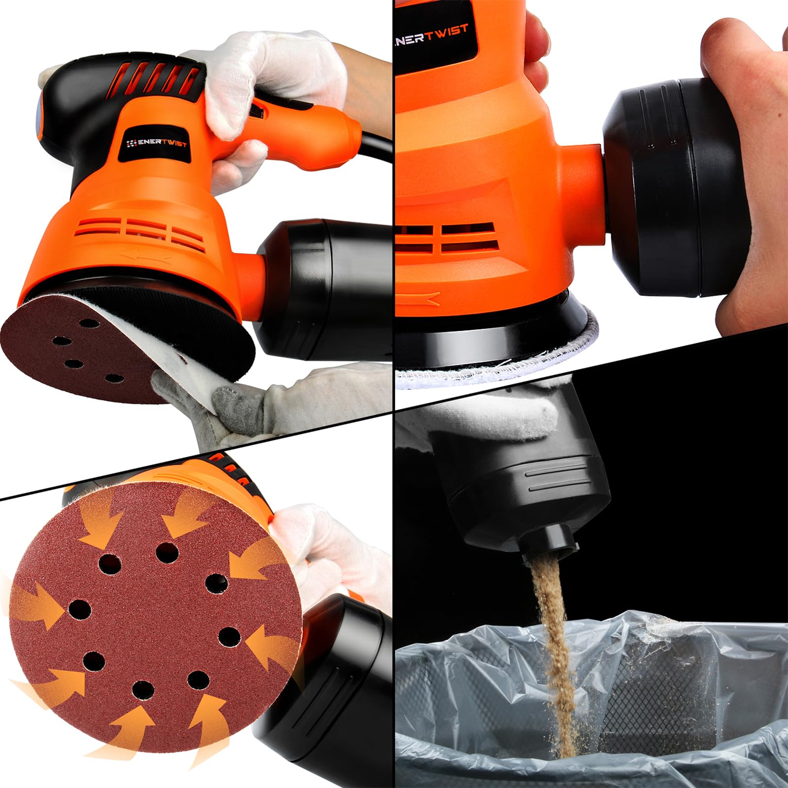 ENERTWIST 5 Inch Random Orbital Sander with Dust Collector - 6 Speed Adjustable 5000-12000 RPM, 2.4 Amp Electric Sander for Woodworking & Sanding - Includes 10pc Sanding Disc Kit for DIY Projects & Furniture Refinishing