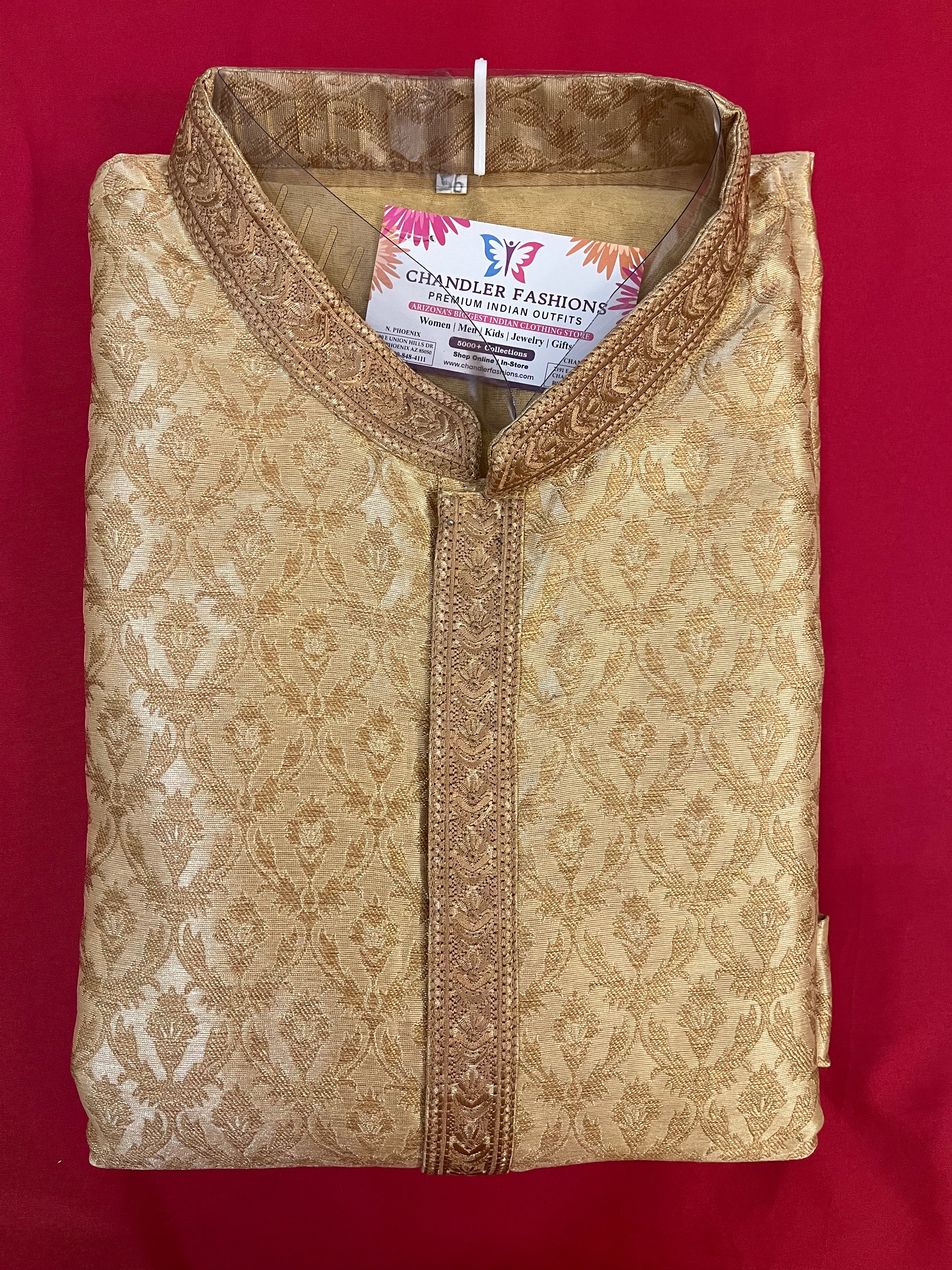 Elegant Dark Gold Zari Brocade Embroidered Kurta Pajama Set for Men | Traditional Indian Ethnic Wear | Perfect for Weddings, Festivals & Special Occasions