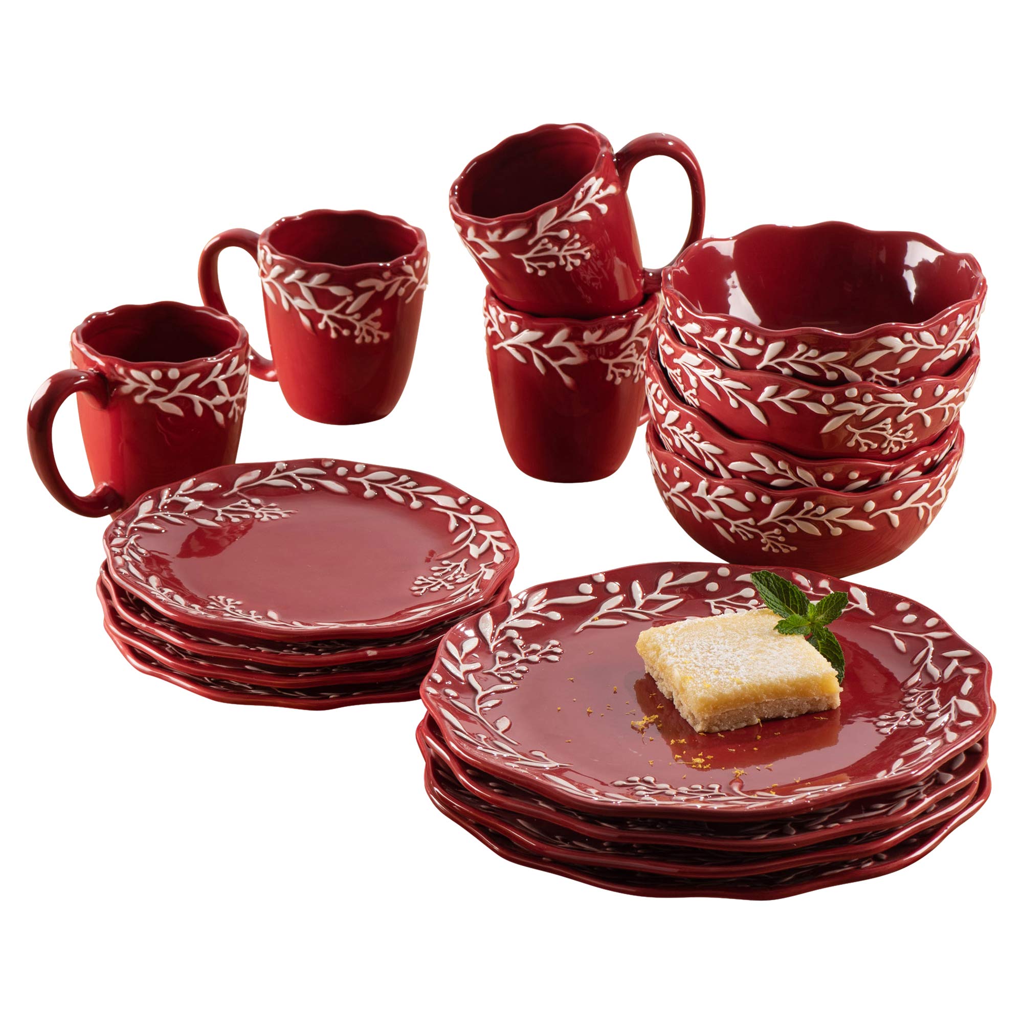 Bianca Mistletoe Holiday Round Dinnerware Set - 16-Piece Ceramic Dinnerware Collection with 4 Dinner Plates, 4 Salad Plates, 4 Bowls & 4 Mugs - Perfect for Christmas, Thanksgiving & Family Gatherings - Elegant Red Tableware for Festive Dining & Gift Giving