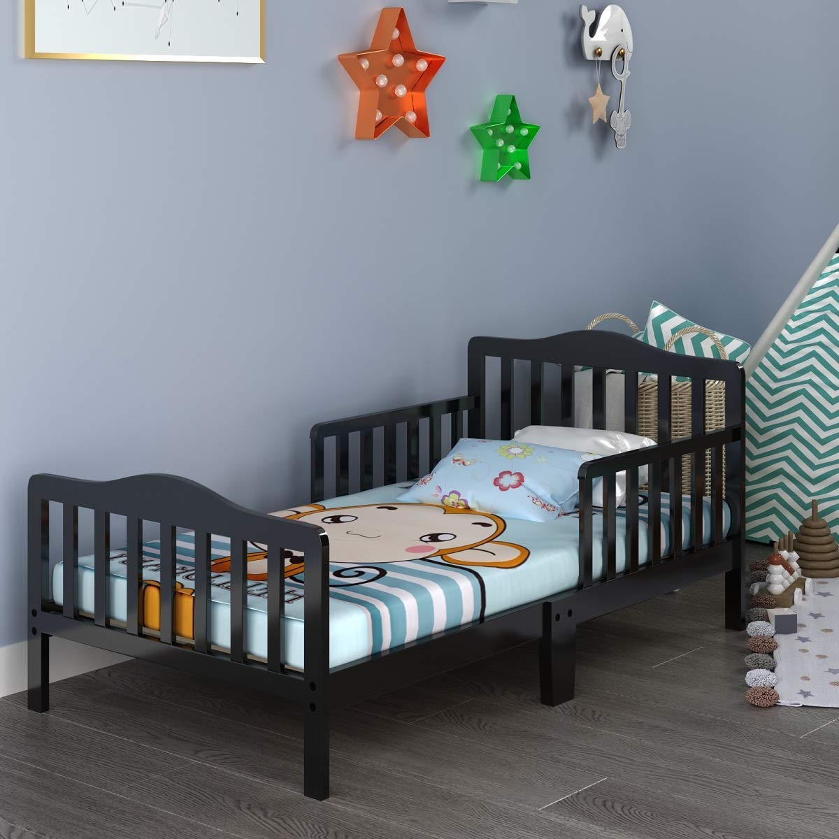 Costzon Toddler Wood Bed with Safety Rail - Low Floor Design for Boys & Girls - Perfect for Nursery & Kids' Room