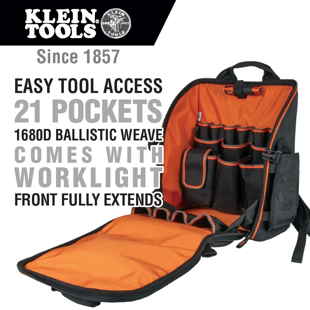**KLEIN TOOLS 55655 Tradesman Pro Tool Backpack - 21 Pockets, Large Storage, Built-in Flashlight & Work Light - Perfect for Electricians, Contractors & DIY Projects**
