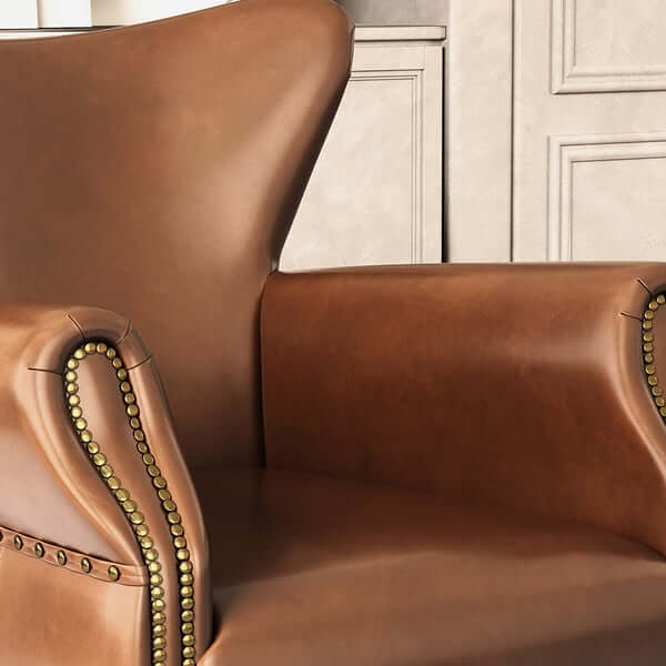 Midcentury Modern Brown Leather Accent Chair - Solid Wood Frame, Comfortable Upholstered Lounge Chair for Living Room, Bedroom, or Office Decor