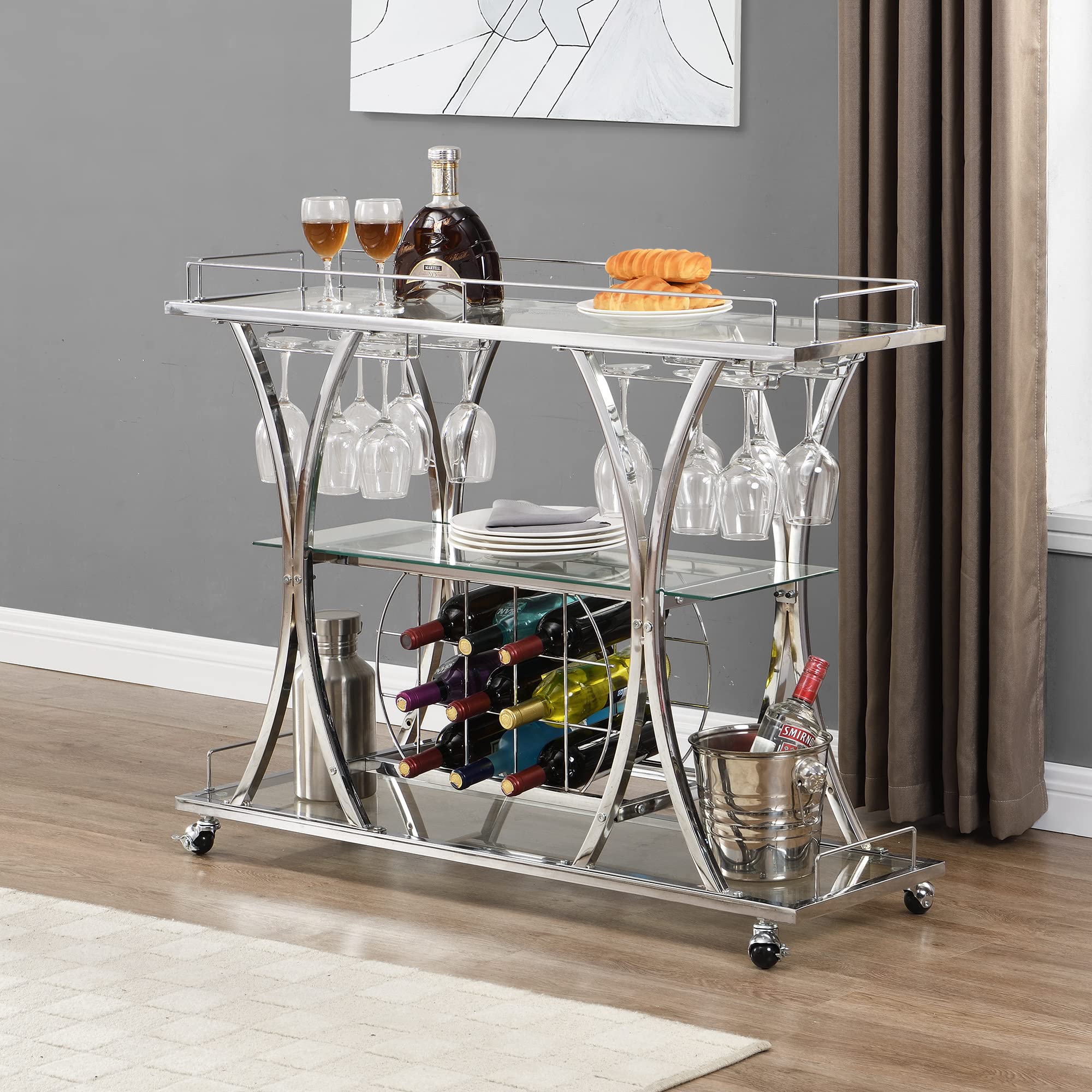 Yoluckea 3-Tier Glass Bar Cart with Wine Rack & Glass Holder - Tempered Glass Shelves, Lockable Wheels - Perfect for Home Bar, Kitchen Storage & Entertaining Guests