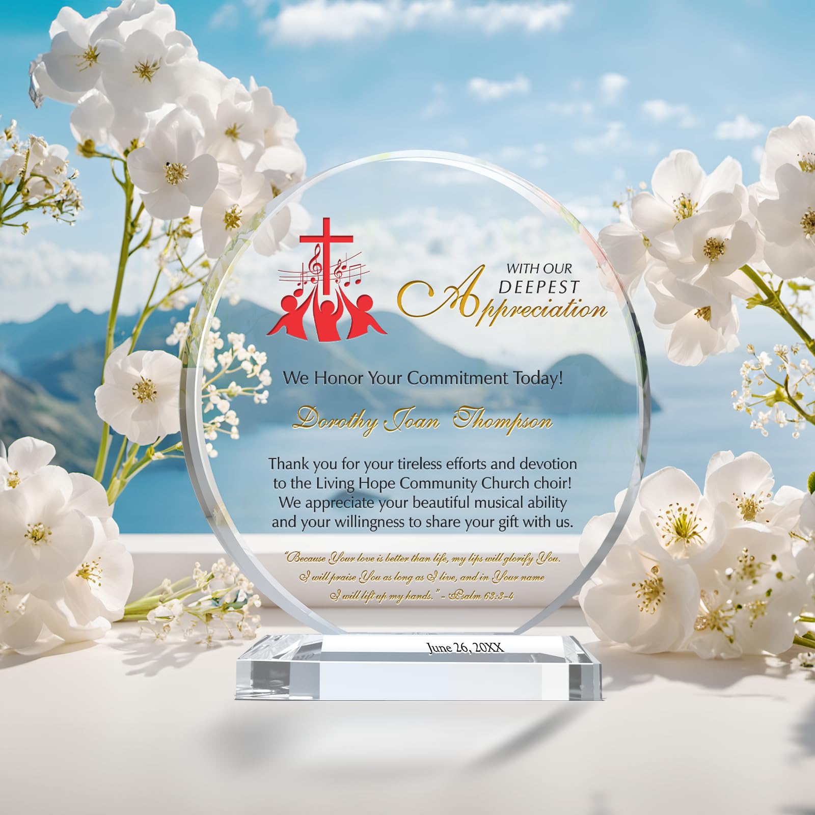 Custom Personalized Crystal Choir Director Appreciation Plaque - Engraved with Name & Bible Verse - Unique Retirement/Farewell Gift for Church Musicians & Music Ministers (8