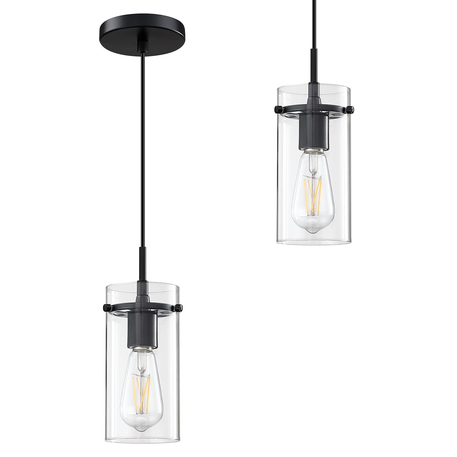 Vintage Black Finish Clear Glass Pendant Light - 2 Pack Modern Hanging Ceiling Light for Kitchen Island, Dining Room, Bar & Restaurant | Energy Efficient & Stylish Home Decor Lighting