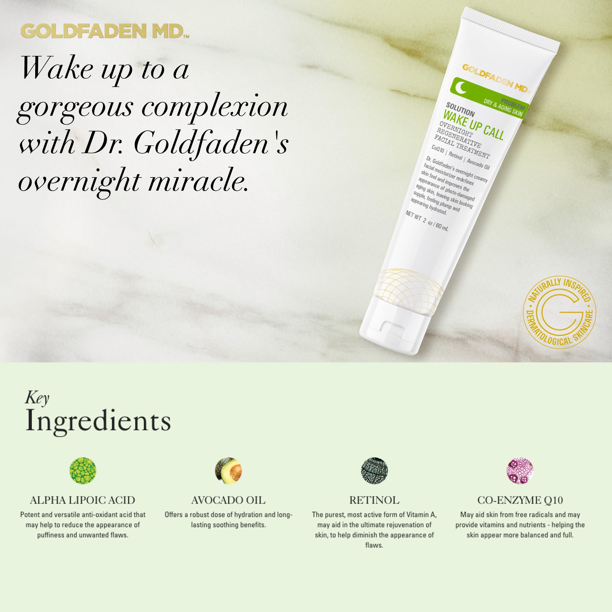 Dr. Goldfaden Wake Up Call Night Facial Moisturizer - Anti-Aging Night Cream for Dry Skin with Alpha Lipoic Acid, Avocado Oil, Retinol & CoQ10 | Deep Hydration & Wrinkle Reduction for Overnight Skin Repair