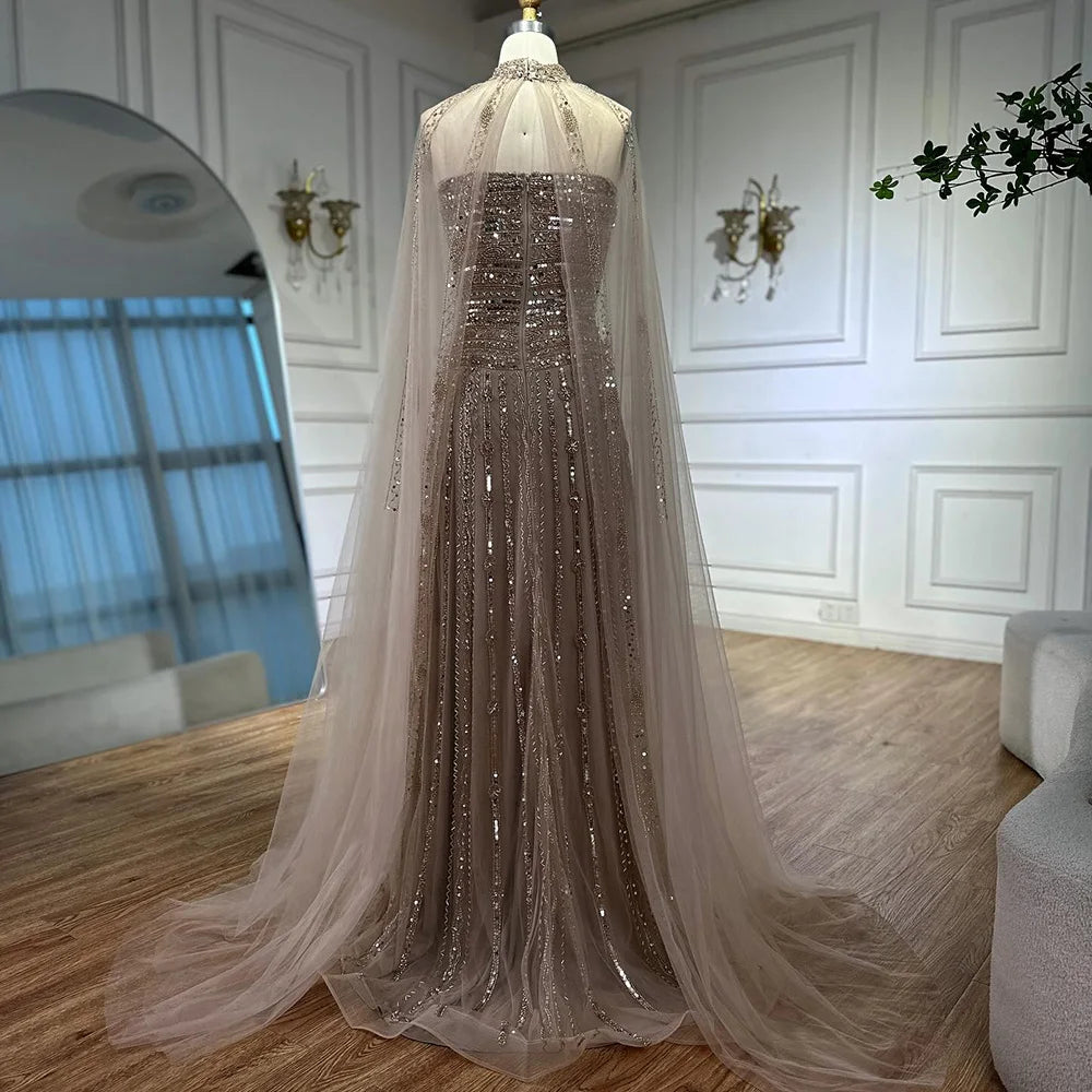 Elegant Beaded A-Line Evening Gown with Caramel Color - Perfect for Dubai Parties, Red Carpet Events & Formal Occasions | Style LA72873