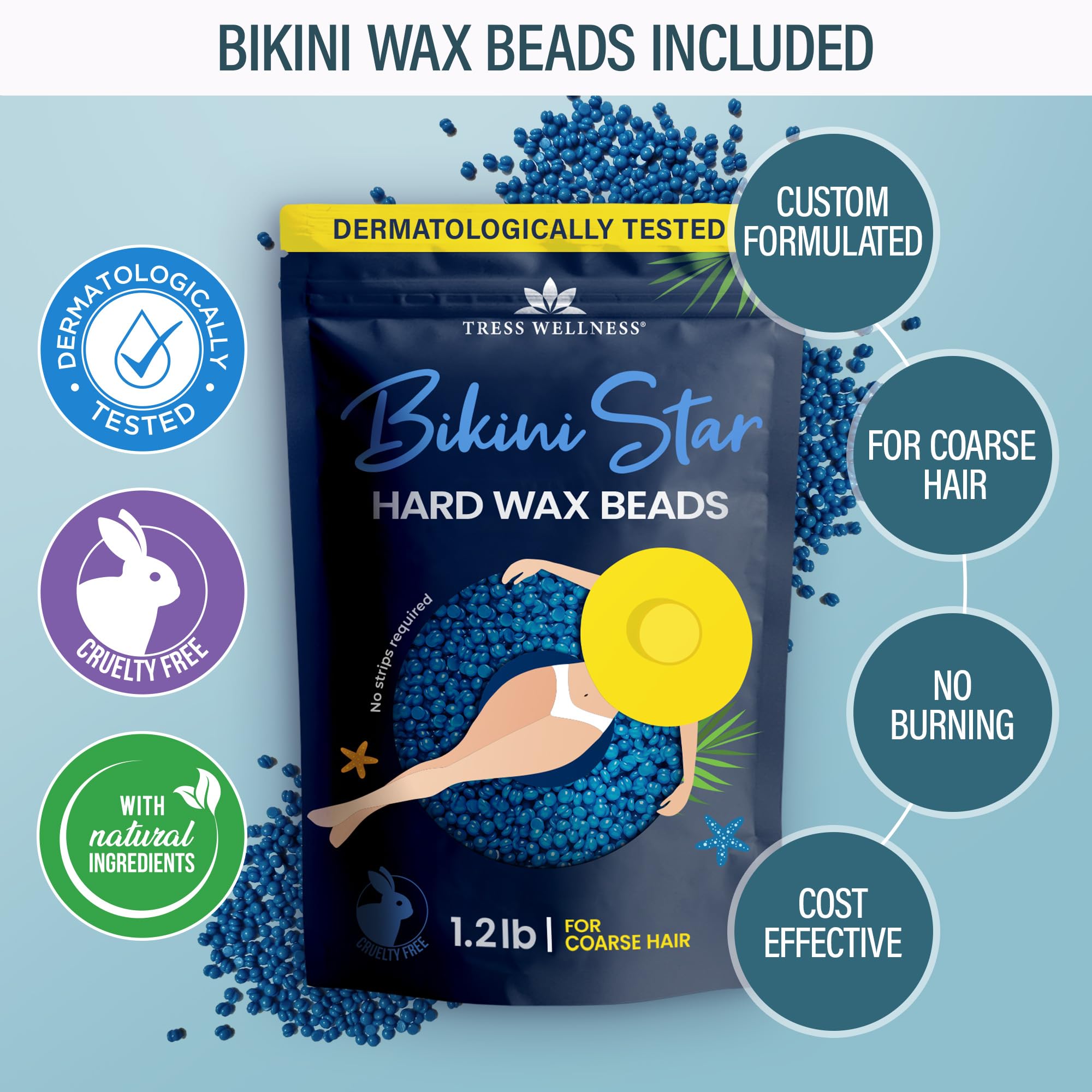 Tress Wellness Elemental Blue Wax Warmer Kit for Bikini & Body Hair Removal - Professional Home Waxing for Smooth Skin | Perfect for DIY Spa Days & Salon-Quality Results