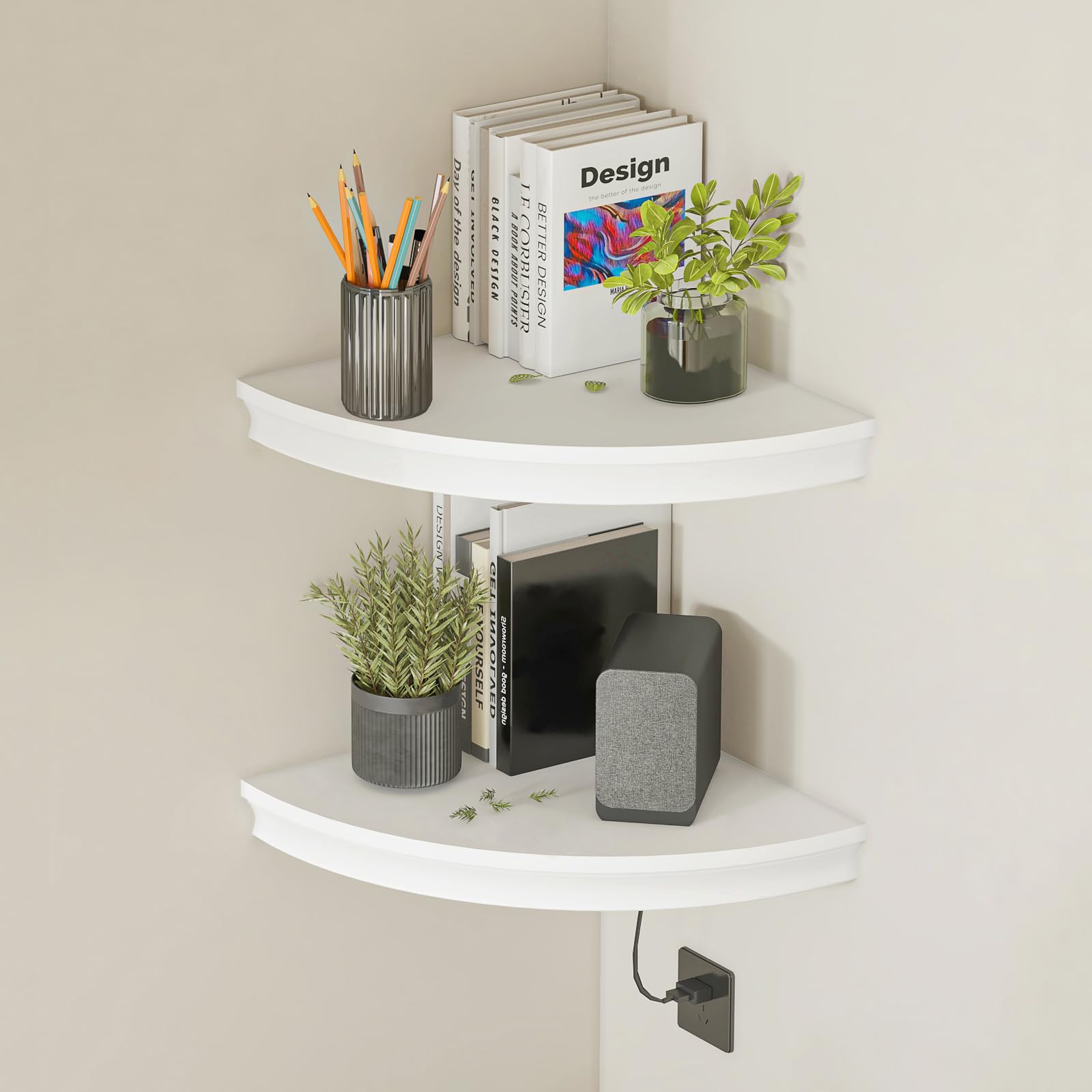 HAO Floating Corner Shelf - Invisible Wall Mounted Shelves with Radial Cable Hole Design - Set of 2 White - Perfect for Bedroom, Bathroom, Living Room & Kitchen Organization