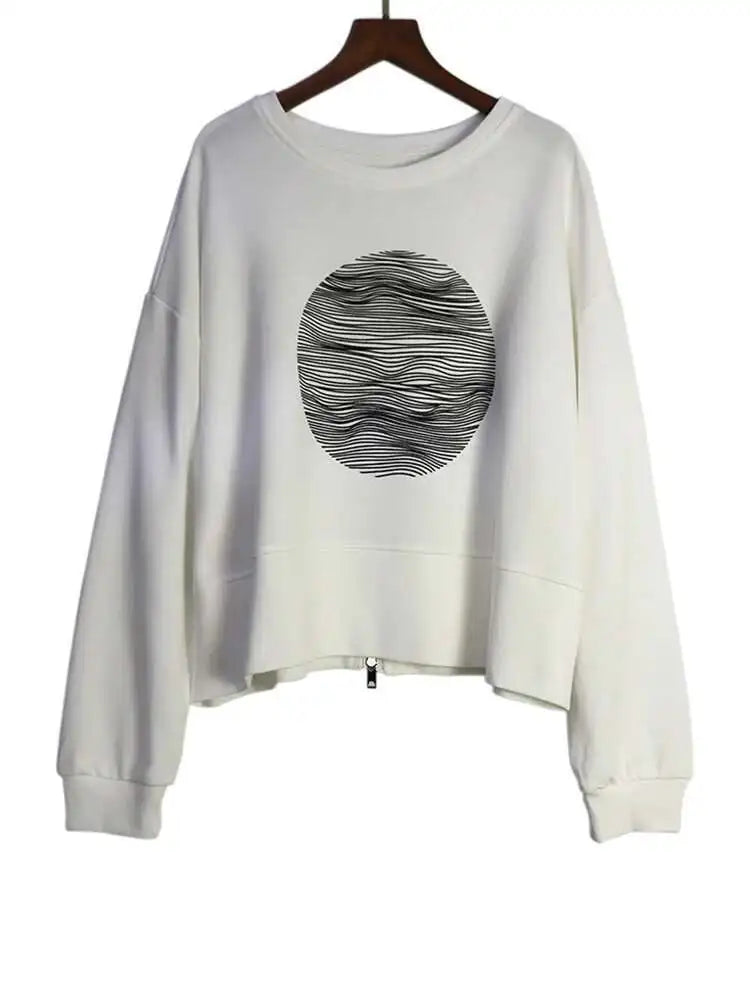 Black Printed Back Zipper Sweatshirt for Women | Round Neck Long Sleeve Pullover | Plus Size Fashion Hoodie | Trendy 2025 Fall & Spring Outerwear | Perfect for Casual Wear, Street Style & Layering