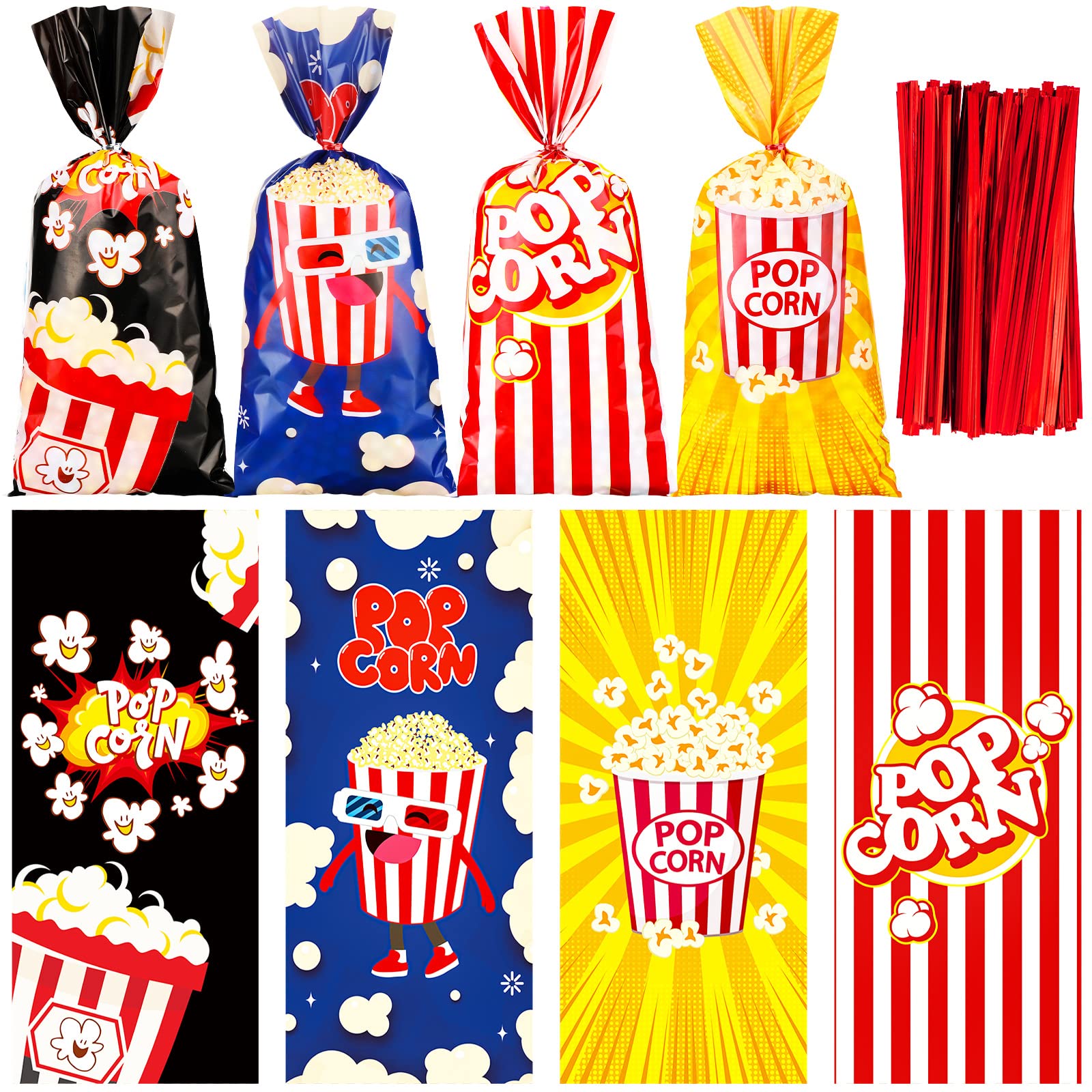 250 Pcs Popcorn Bags for Party - Red White Stripe Cellophane Candy & Cookie Bags with 150 Twist Ties - Perfect for Circus, Carnival, Birthday Party Favors & Movie Night Snacks (Cute Style)