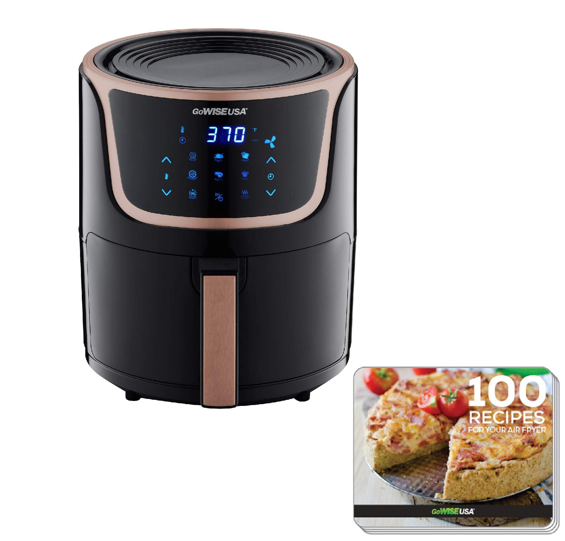 GoWISE USA GW22965 5-Quart Digital Air Fryer with Touchscreen & Recipe Book - Healthy Oil-Free Cooking for Chicken, Fries & More - Black/Copper (Perfect for Family Meals & Quick Snacks)