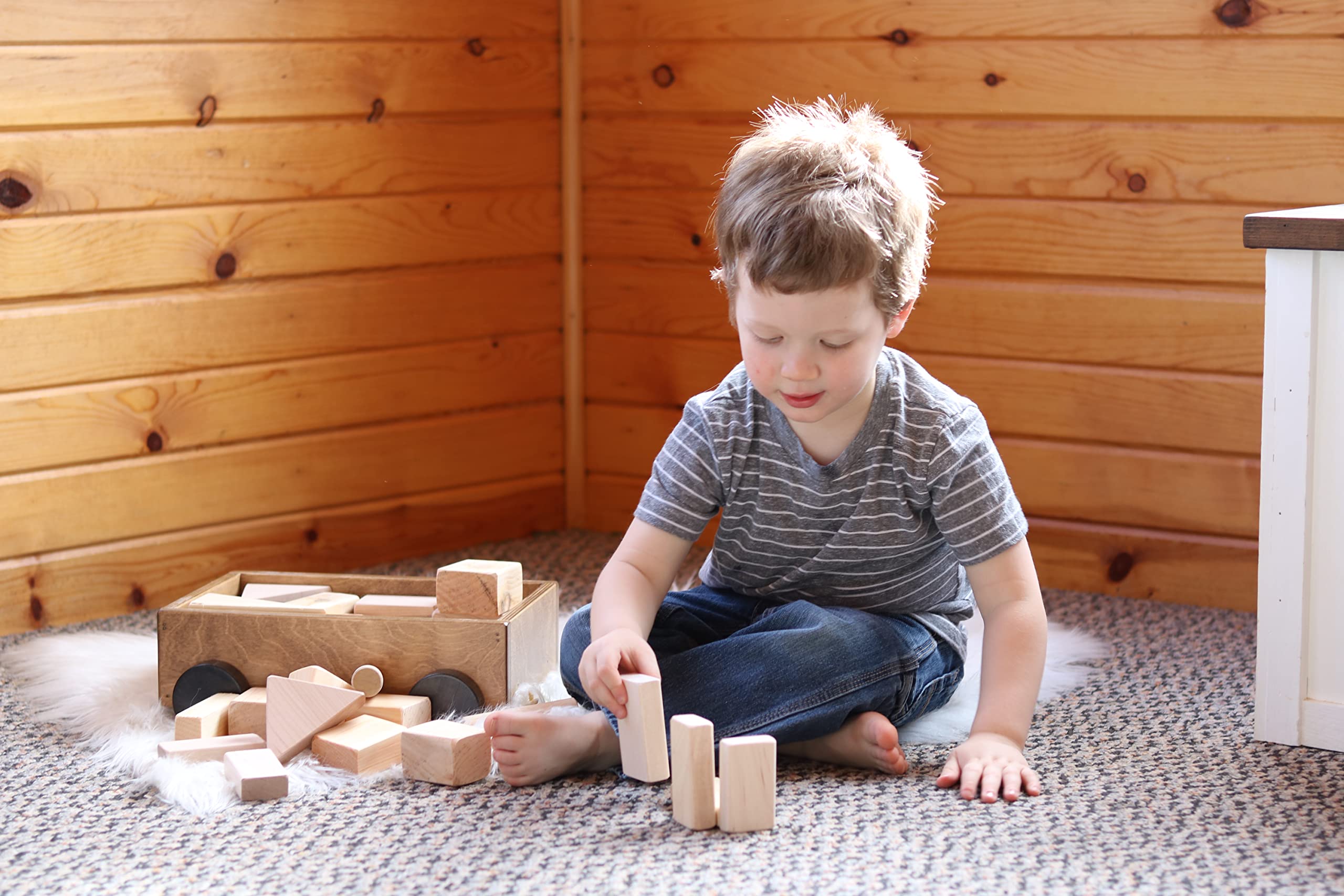 AmishToyBox.com Wooden Pull Wagon Toy for Toddlers with 24 Natural Wood Building Blocks - Classic Harvest Stain | Kids Learning & Pretend Play, Nursery Decor, Montessori Educational Gift