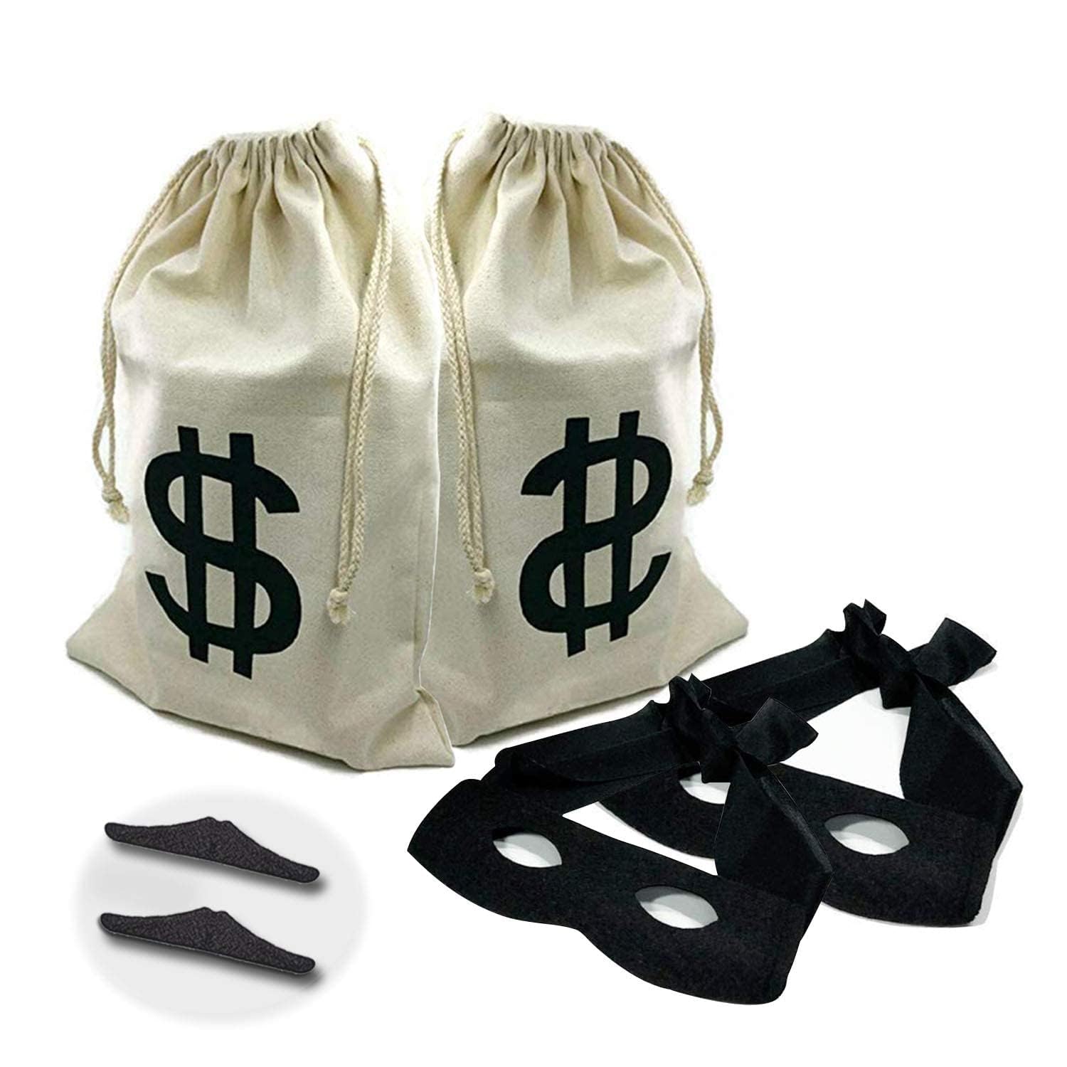 Canvas Money Bags with Drawstring - Bank Robber Props with Eyes & Mustache Masks for Halloween Cosplay, Themed Parties & Stage Performances