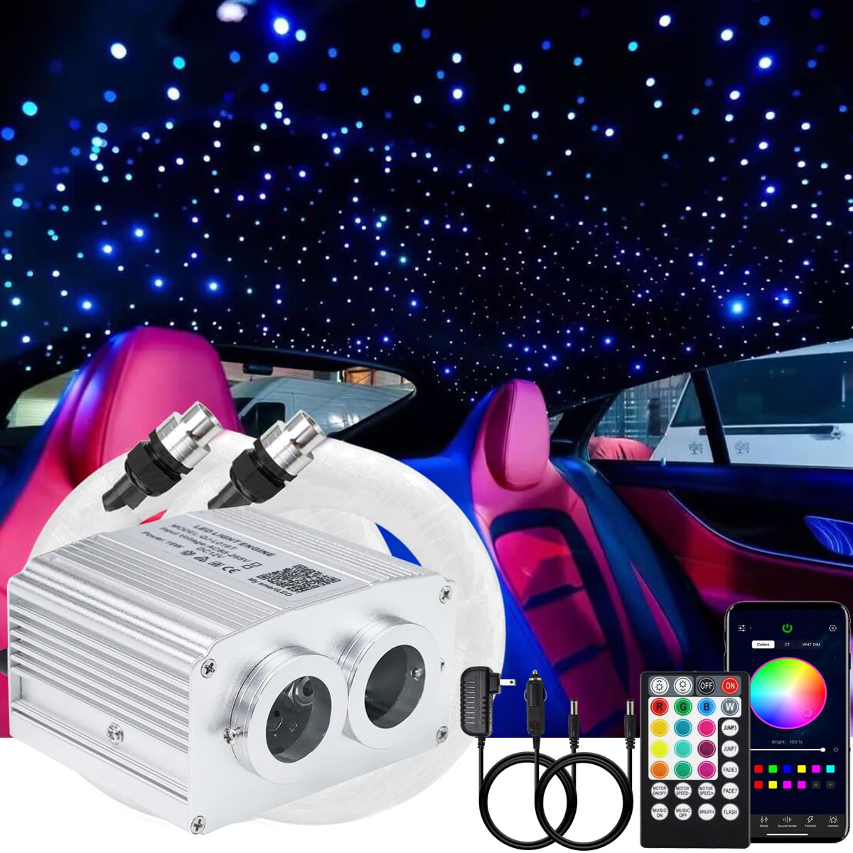AMKI Dual Port 16W Bluetooth Fiber Optic Star Ceiling Light Kit - 620pcs 9.8ft Twinkle Lights with 0.03in/0.04in/0.06in Optical Cable, RGBW Sound-Activated & APP Control for Bedroom, Theater, Party Decor