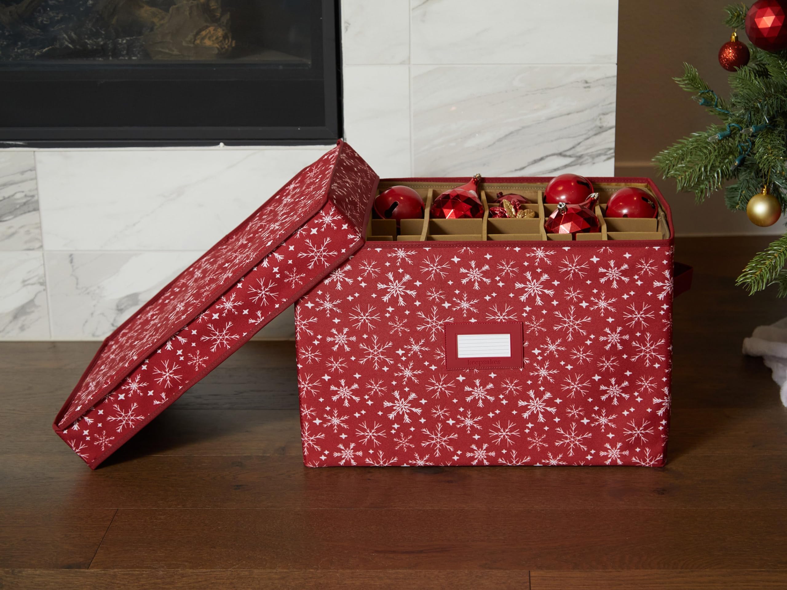 Covermates Keepsakes Adjustable Ornament Storage Box with Carrying Handles & Padded Protection - Holiday Decor Organizer for Christmas Tree Ornaments (Red Snowflake Design) - Perfect for Seasonal Storage & Home Organization