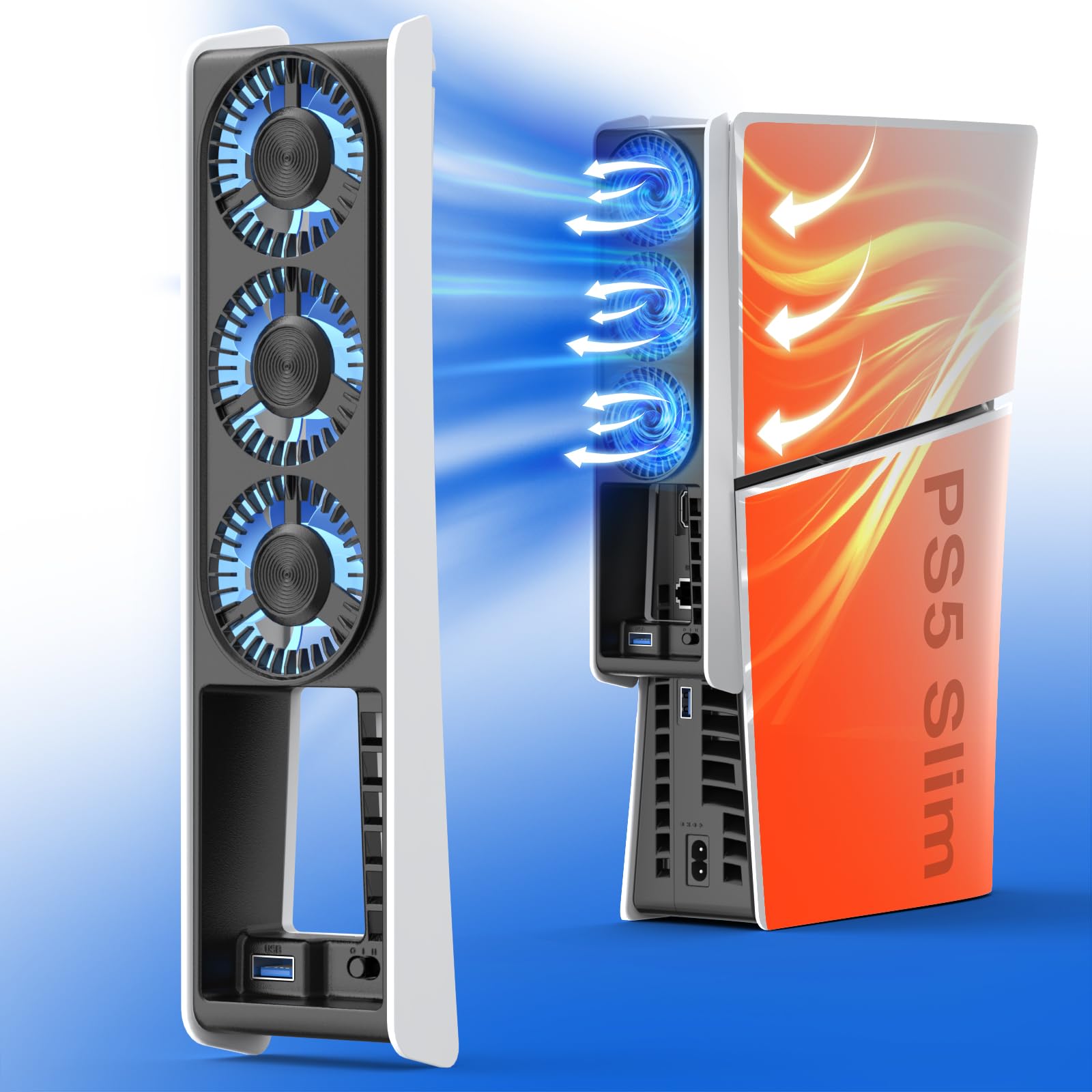 PS5 Slim Cooling Fan with Auto Temperature Sensor & 2-Speed Adjustable - USB 3.0 Hub Cooling Station Accessory for PS5 Slim Digital & Disc Edition - Perfect for Gaming Sessions & Overheating Prevention