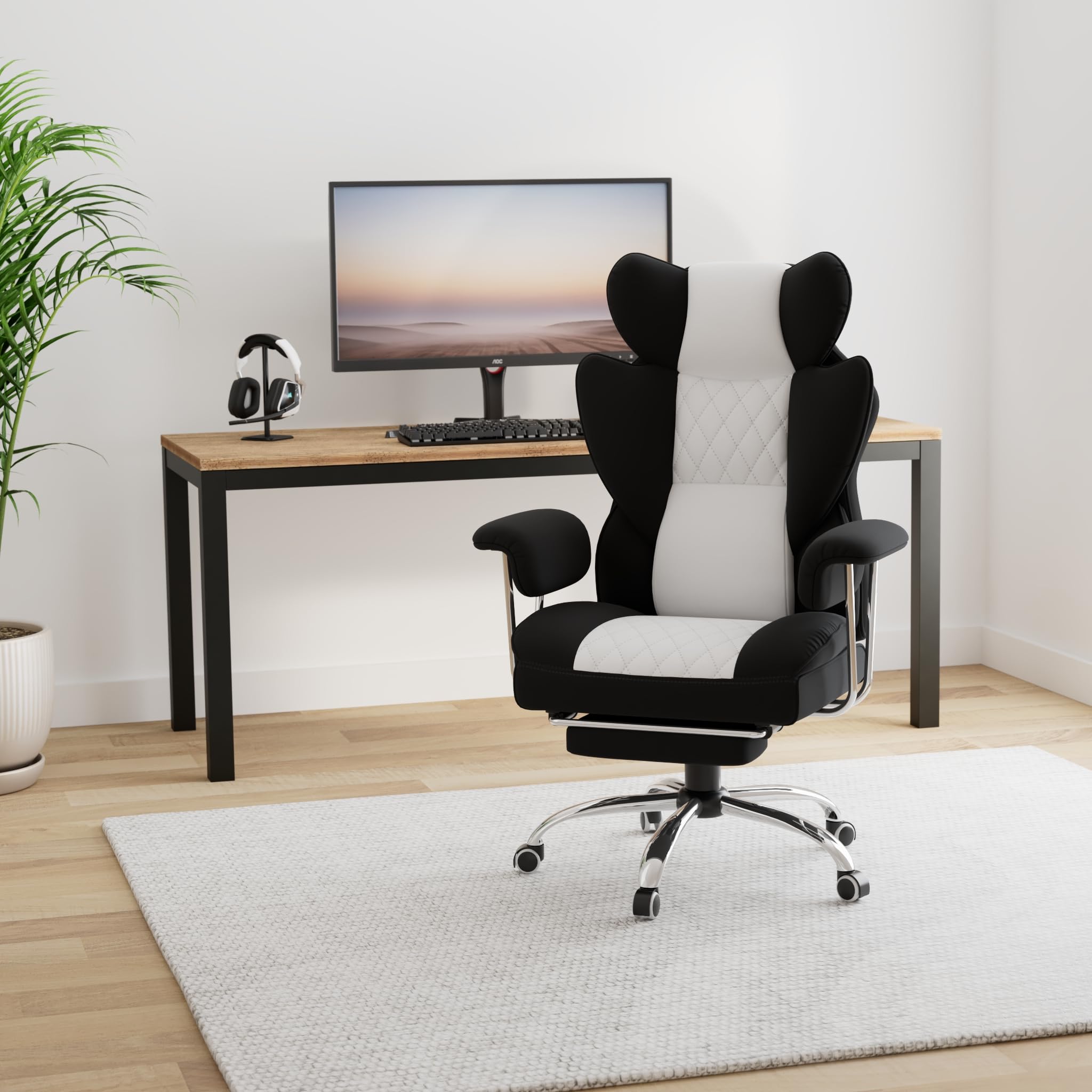 GTRACING Ergonomic Gaming Chair with Lumbar Support - Comfortable Office Desk Chair with Adjustable Armrests & Footrest for Home & Work (Fabric, Black & Gray) - Perfect for Gaming, Working & Relaxing