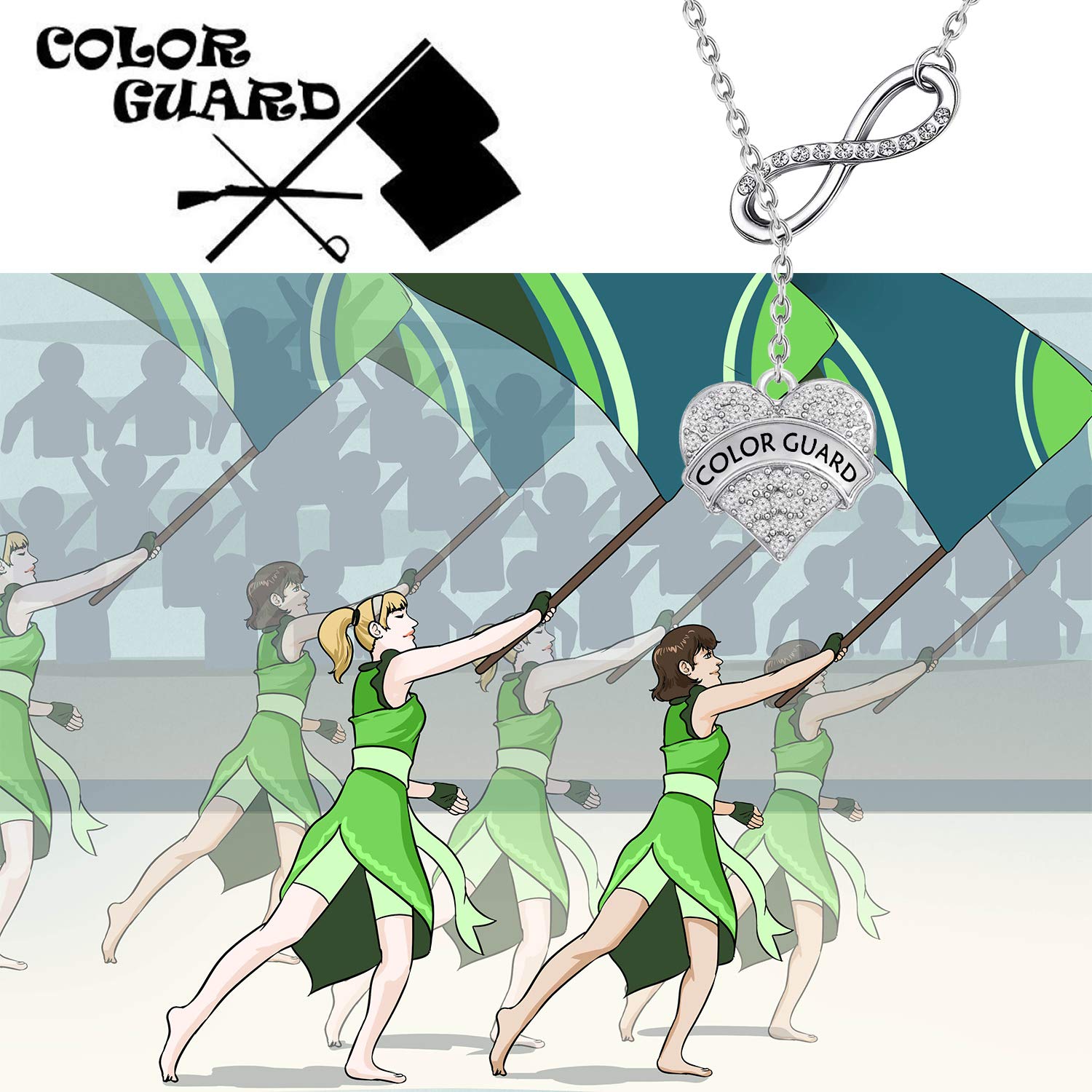Color Guard Jewelry Set - Heart Charm Earrings & Necklace for Women, Teens & Girls - Perfect Flag Team Gifts & Performance Accessories