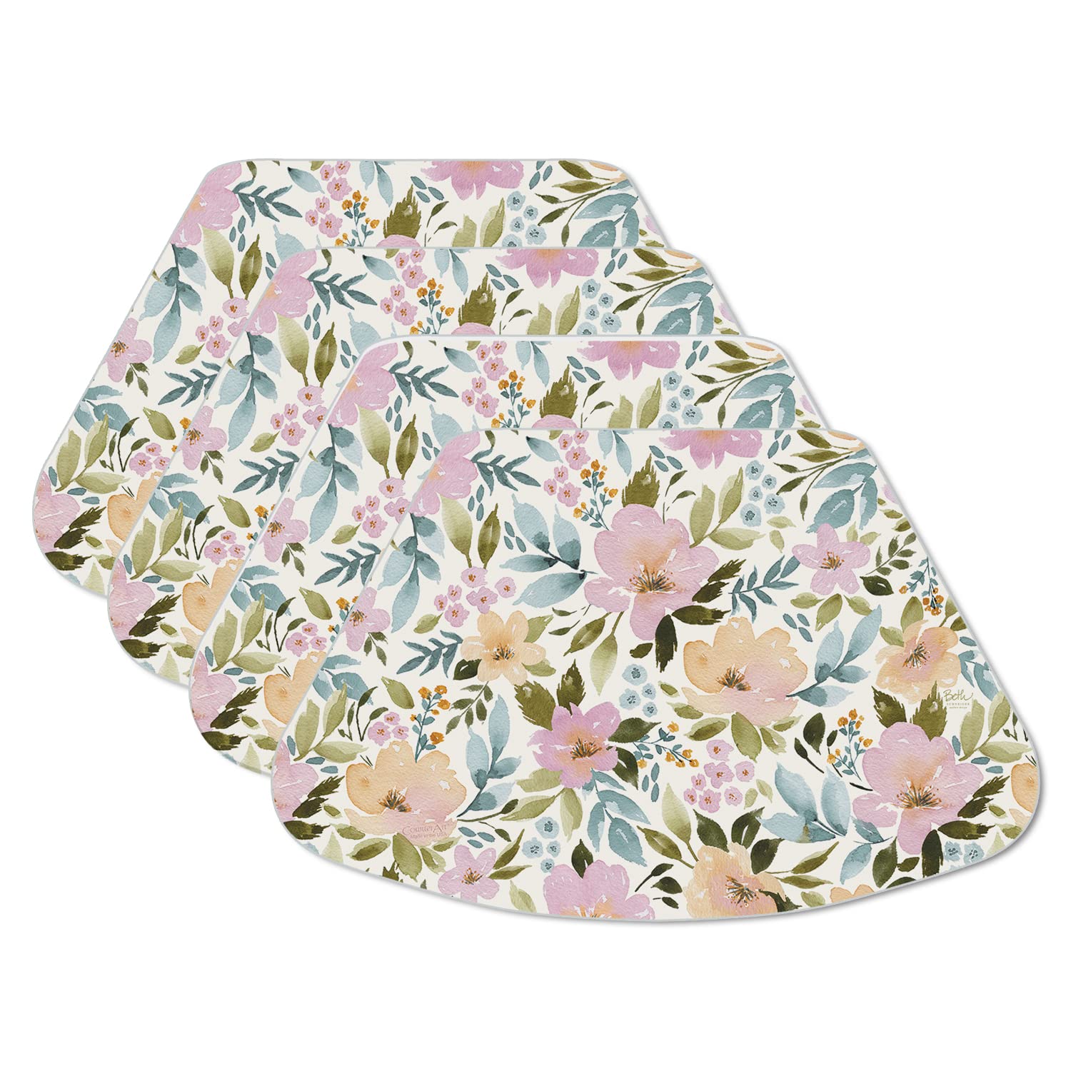 CounterArt Cascade Floral Reversible Plastic Placemats - 4 Pack, Wedge Shaped, 17.75