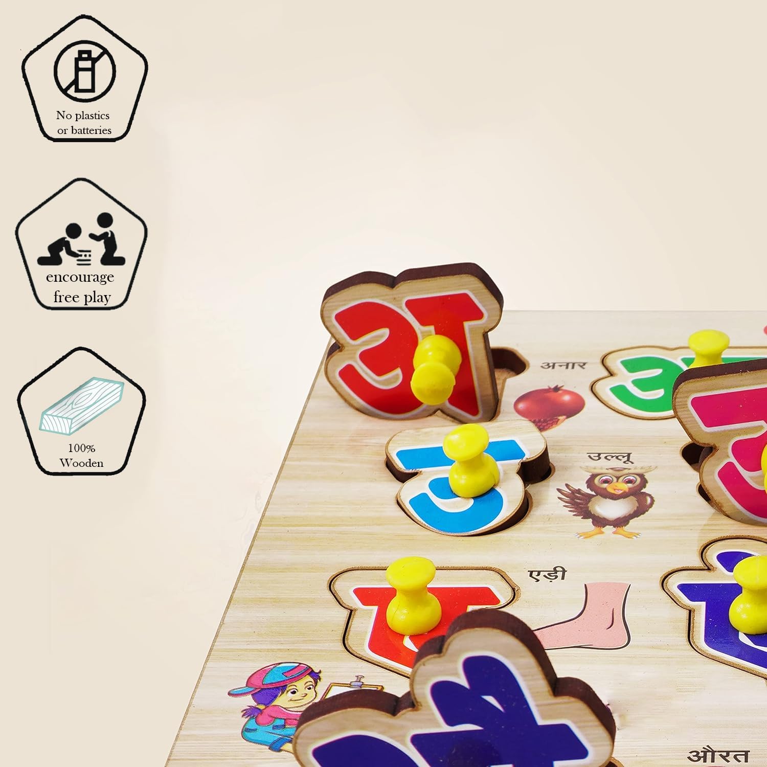 Tod2Teen Wooden Hindi Swar Jigsaw Puzzle with Knobs - Educational Alphabet Learning Toy for Kids | Hindi Vowel (Swar) & Varnmala Puzzle with Matching Images - Perfect for Preschool & Kindergarten Classroom Activities - Multicolor