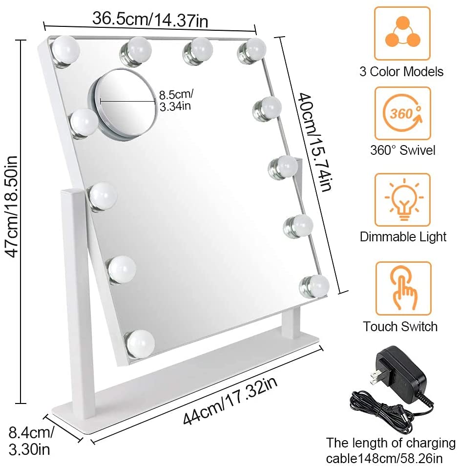 Depuley 18 x 17 Inch Lighted Makeup Mirror with 12 Dimmable LED Bulbs - 3 Color Lighting, 10X Magnification, 360° Swivel & Touch Control (47 x 44 cm) - Perfect for Vanity, Dressing Room & Professional Makeup Application