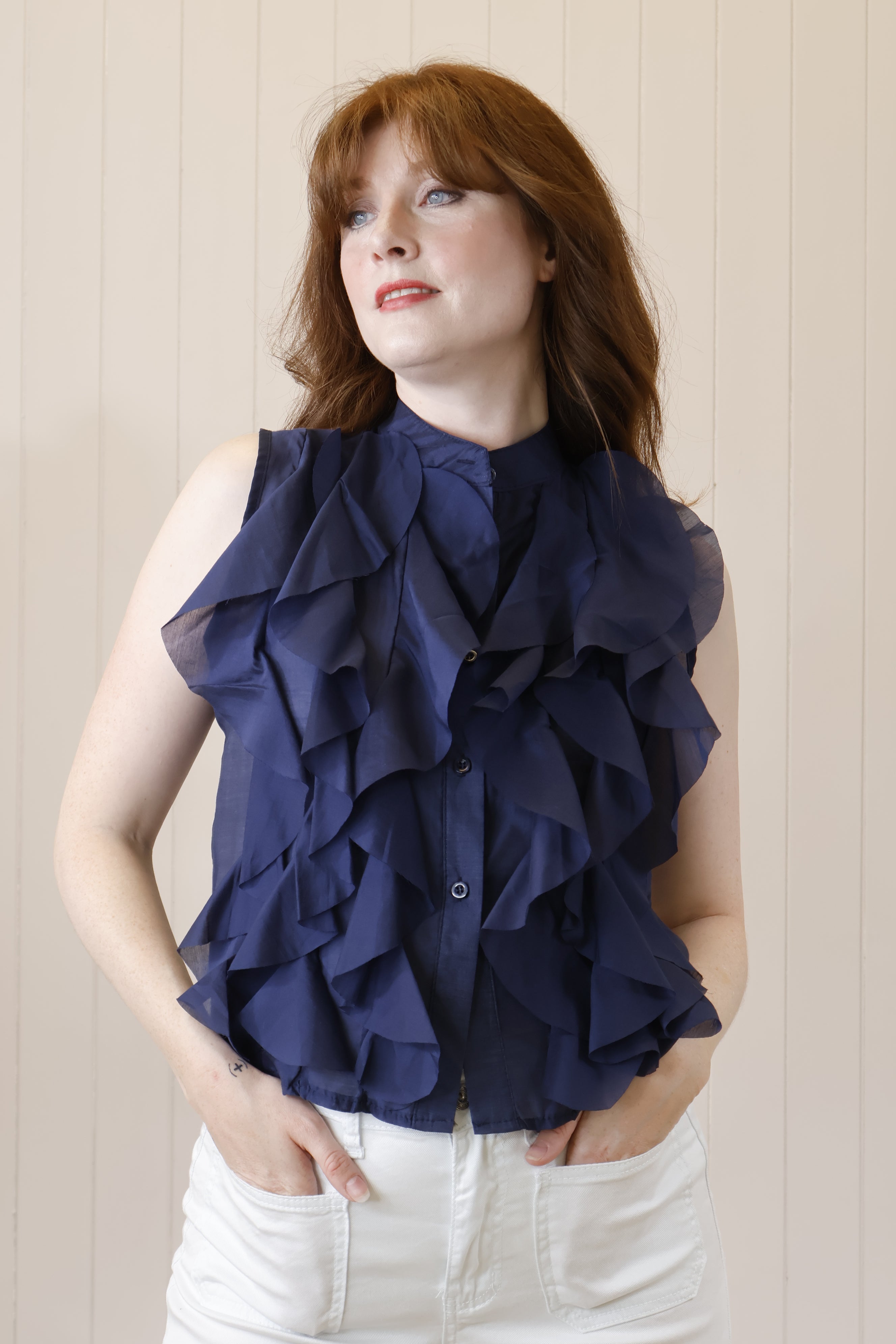 Women's Navy Blue Rosa Ruffle Blouse - Elegant Floral Print Top for Casual Wear, Date Night & Office Outfits