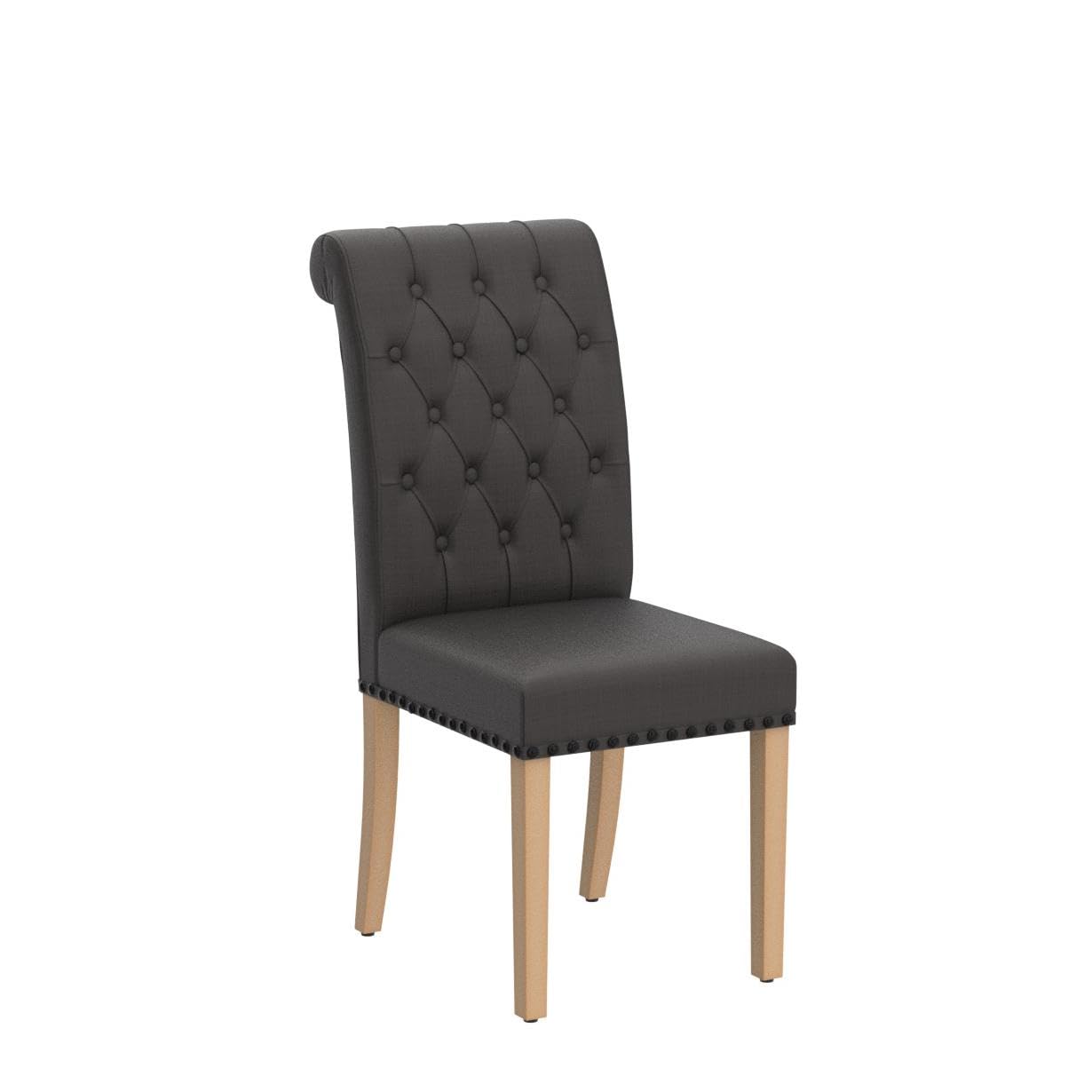 Modern Linen Fabric Dining Chairs Set of 2 - Parson Style with Nailhead Trim & Button Tufting - Solid Wood Legs Dark Grey - Perfect for Dining Room, Kitchen, Living Room & Home Office Seating
