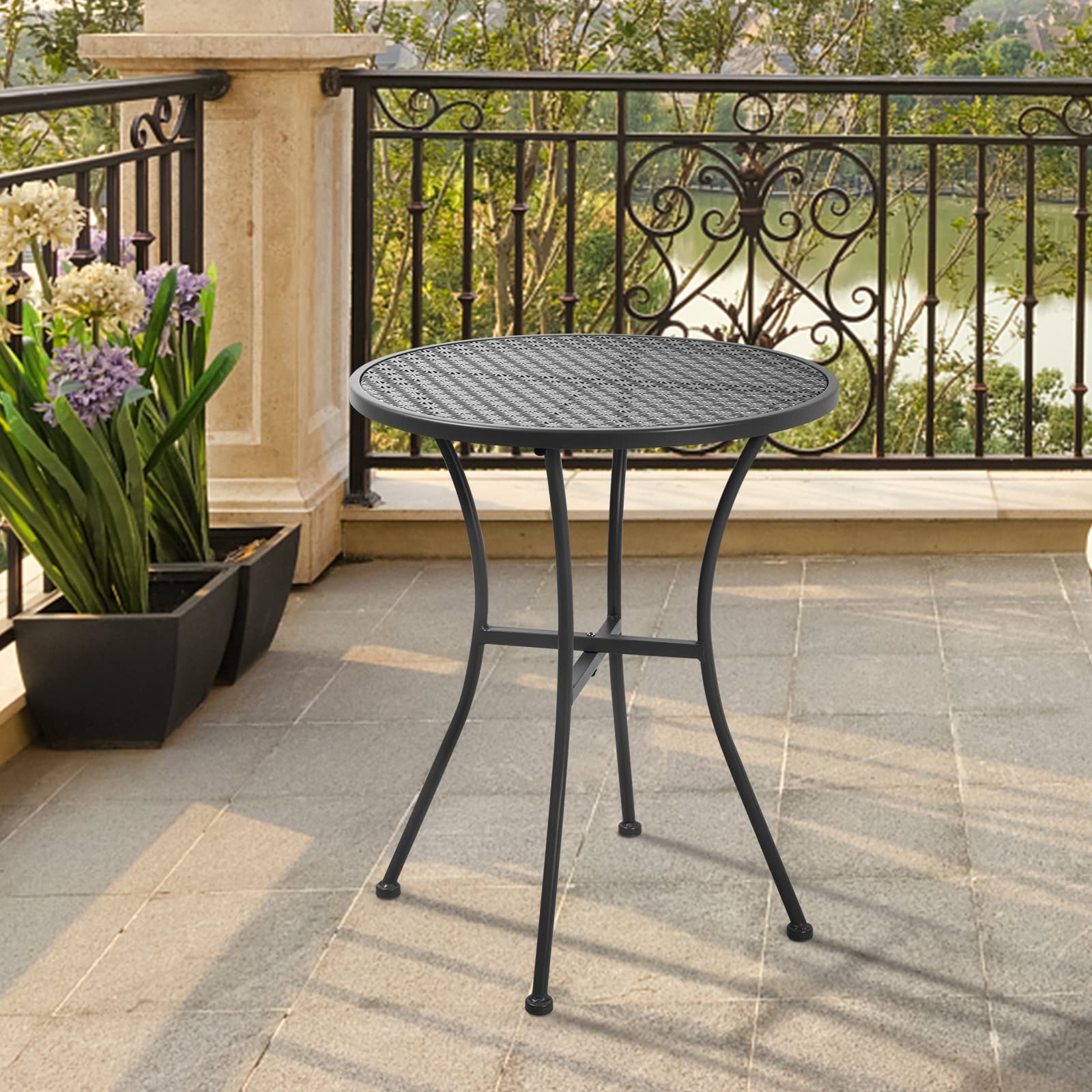 Black Steel Metal Round Outdoor Patio Coffee Table - Durable Garden, Deck, Poolside Furniture for Relaxing & Entertaining
