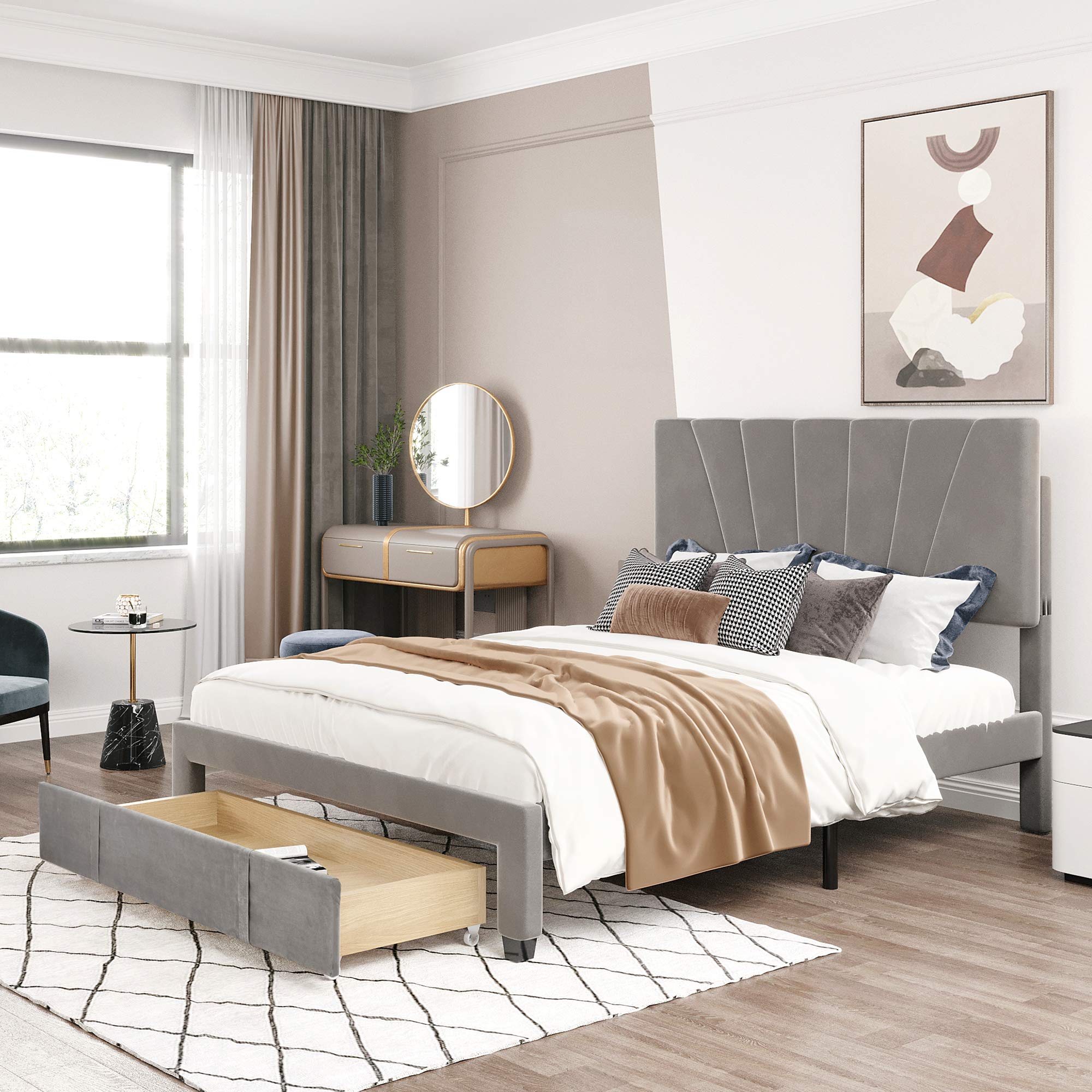 SYCT Queen Size Velvet Upholstered Platform Bed with Storage Headboard & Slat Support - Pinewood Bed Frame for Bedroom & Guest Room (Gray) | Modern Space-Saving Design for Small Apartments & Cozy Master Bedrooms