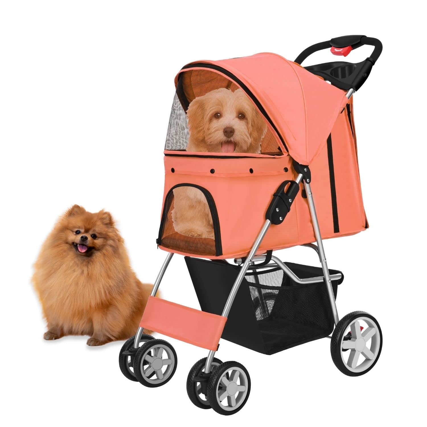 **Flexzion 4-Wheel Folding Pet Stroller for Dogs & Cats - Lightweight Travel Carrier with Rain Cover, Cup Holder & Mesh Window - Ideal for Jogging, Walking & Outdoor Adventures (Orange, Up to 30 lbs)**