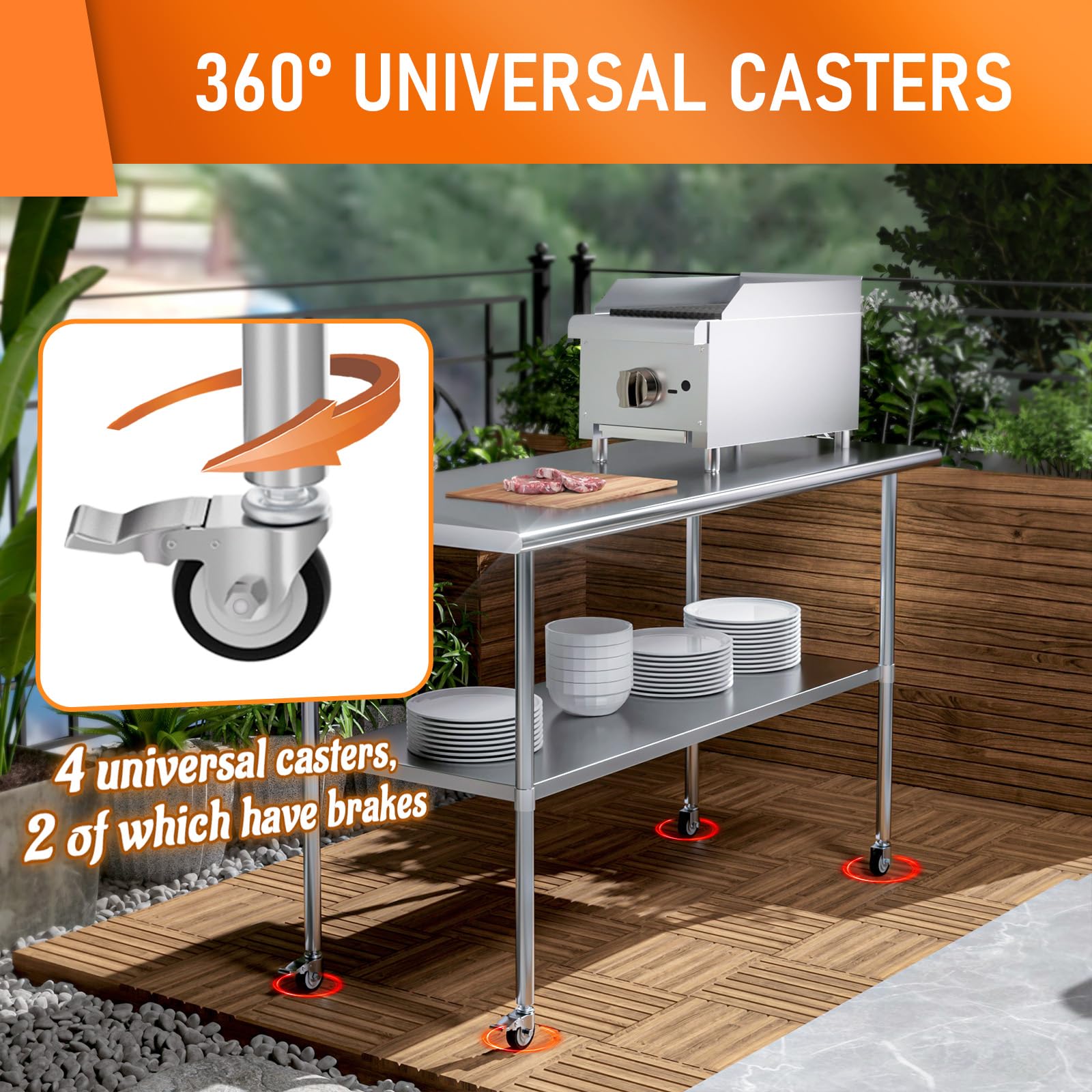 Stainless Steel Prep & Work Table with Adjustable Shelf & Wheels - 24