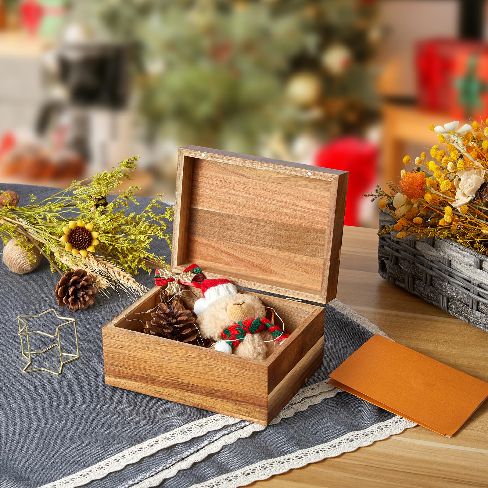 Acacia Wood Keepsake Memory Box with Hinged Lid - Small Jewelry Storage Box for Bridal Shower Gifts, 3x5 & 4x6 Card Holder, Decorative Wooden Box for Wedding, Anniversary & Home Organization