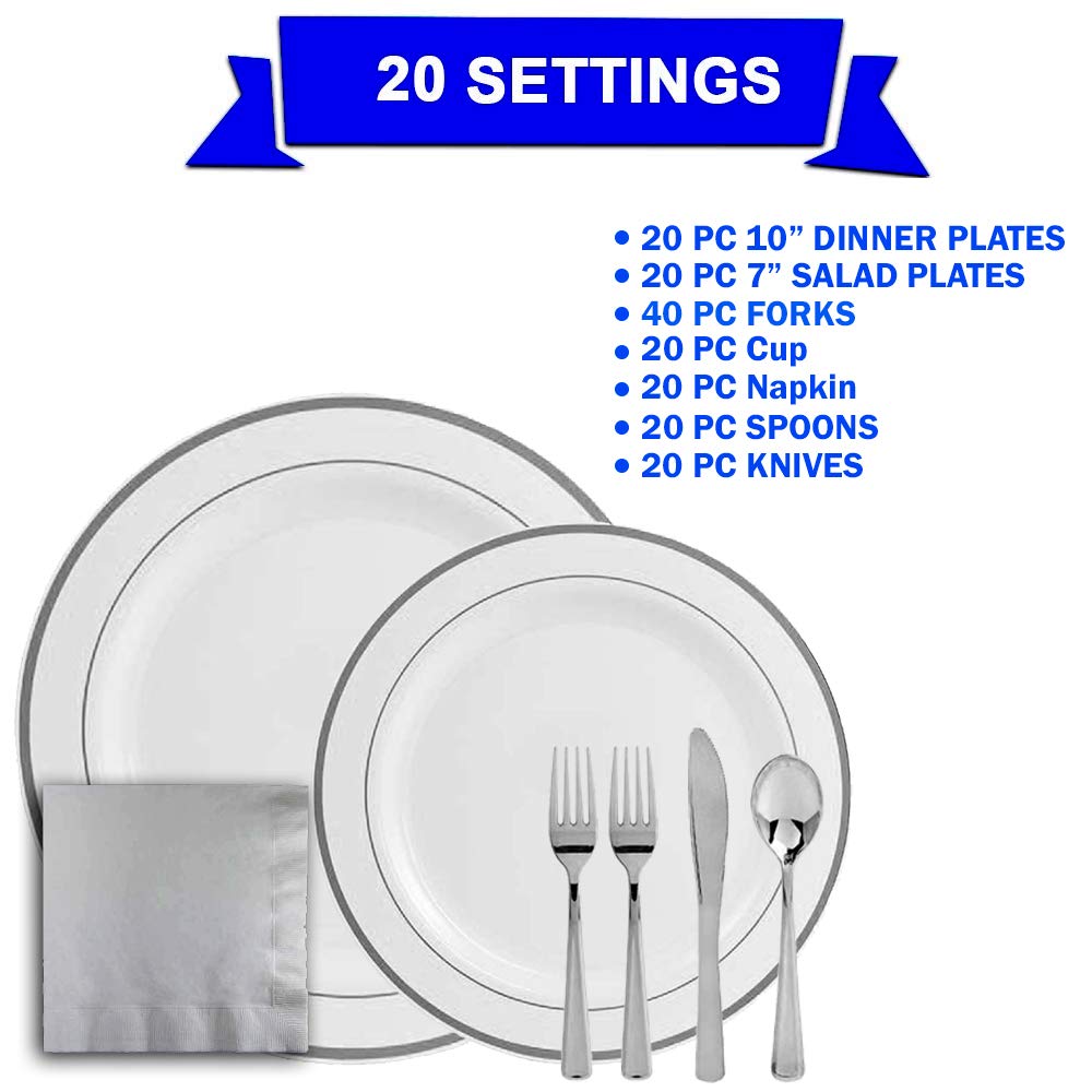 Premium 160-Piece Silver Plastic Dinnerware Set (20 Settings) - Elegant Disposable Plates, Forks, Spoons, Knives & Cups for Weddings, Parties & Special Events - Perfect for Catering, BBQs, Picnics & Formal Gatherings