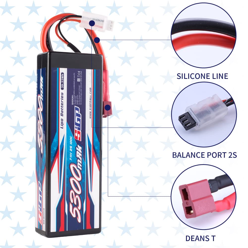 2S Lipo Battery 7.4V 5300mAh 100C Hard Case with Deans T Plug - High Performance RC Battery for Car, Truck, Boat, Tank, Buggy Racing - 2 Pack - Perfect for Hobbyists and Competitive Racing Enthusiasts